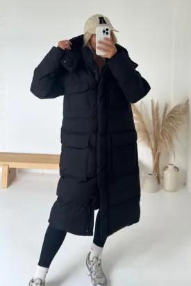 Katie black long puffer coat with pockets