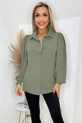 Khaki Gold Button Up Elasticated Cuff Shirt