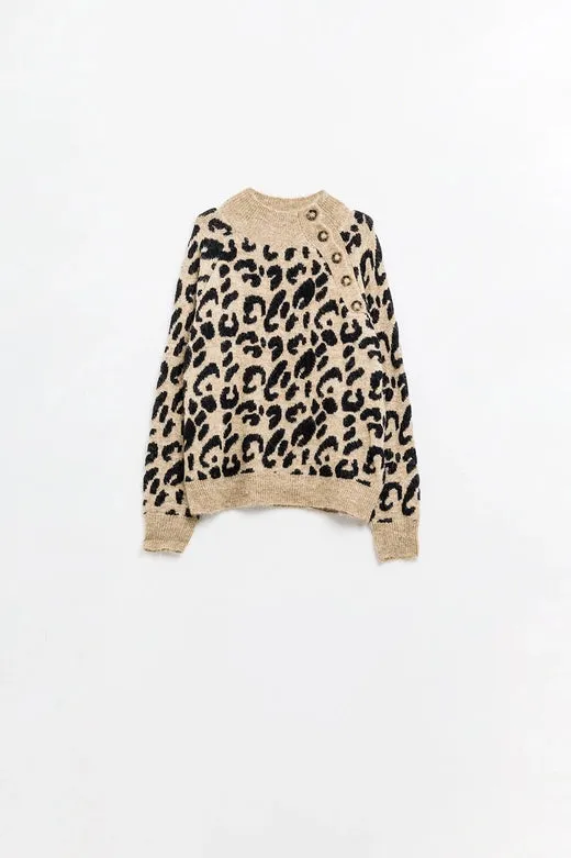 Leopard Knit Sweater with Buttons On the Side