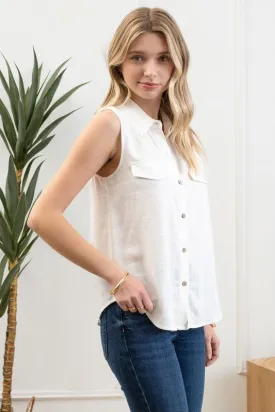 Linen Mix Sleeveless Button Down Shirt