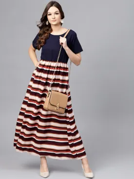 Multi Colored Maxi Dress With Round Neck And Half Sleeves