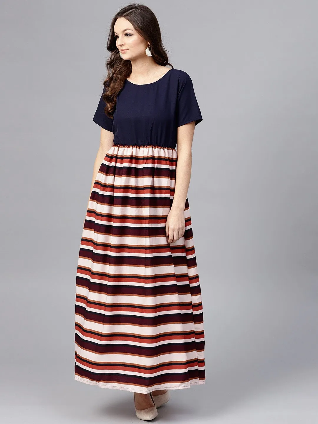 Multi Colored Maxi Dress With Round Neck And Half Sleeves