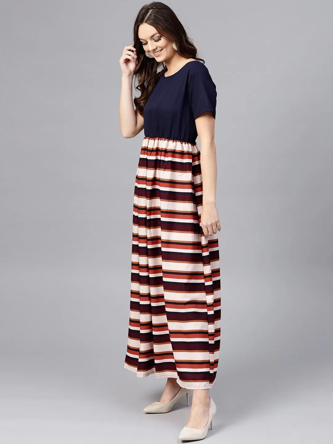 Multi Colored Maxi Dress With Round Neck And Half Sleeves