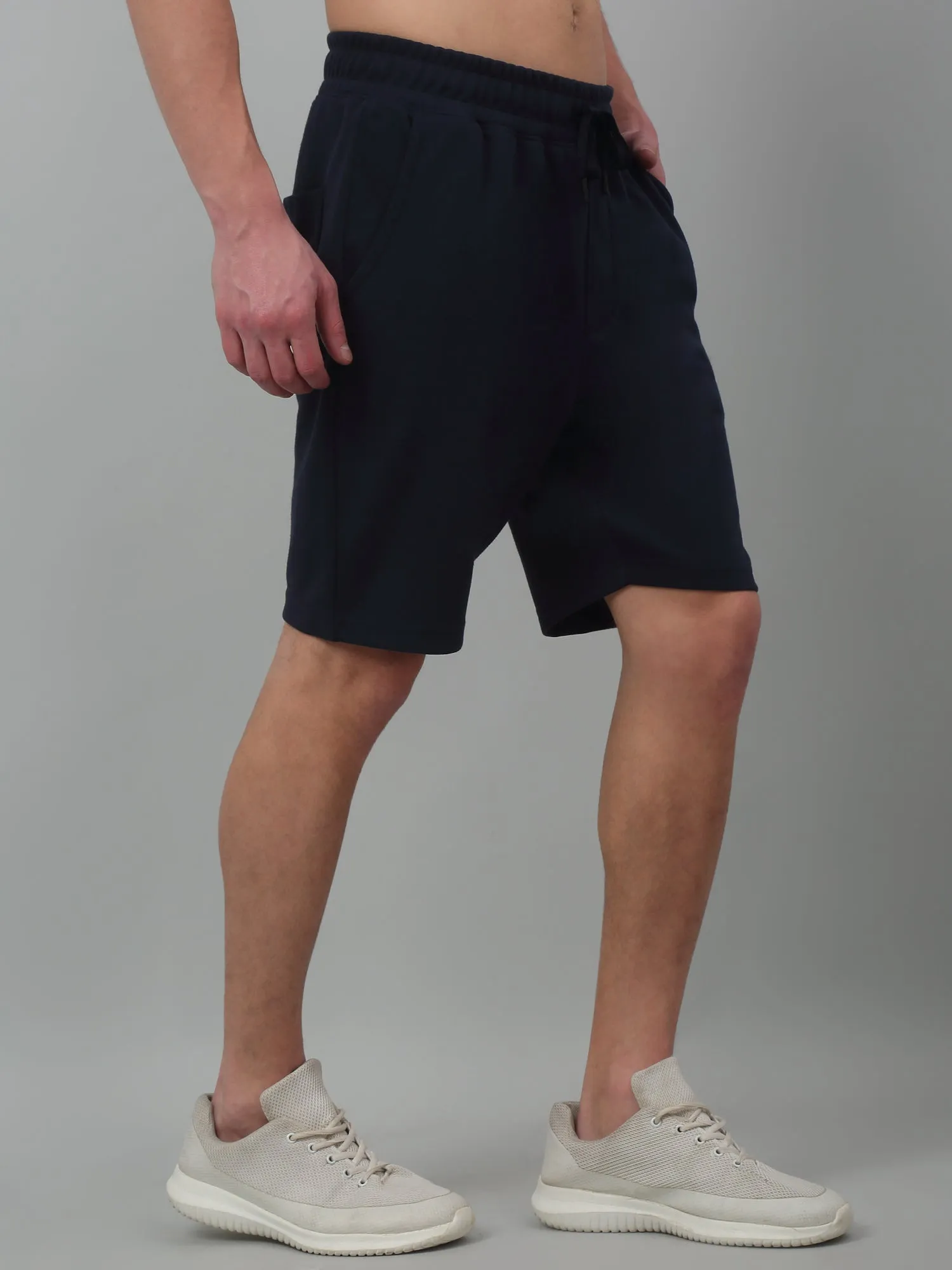 Navy Blue Solid Above Knee Bermuda For Men