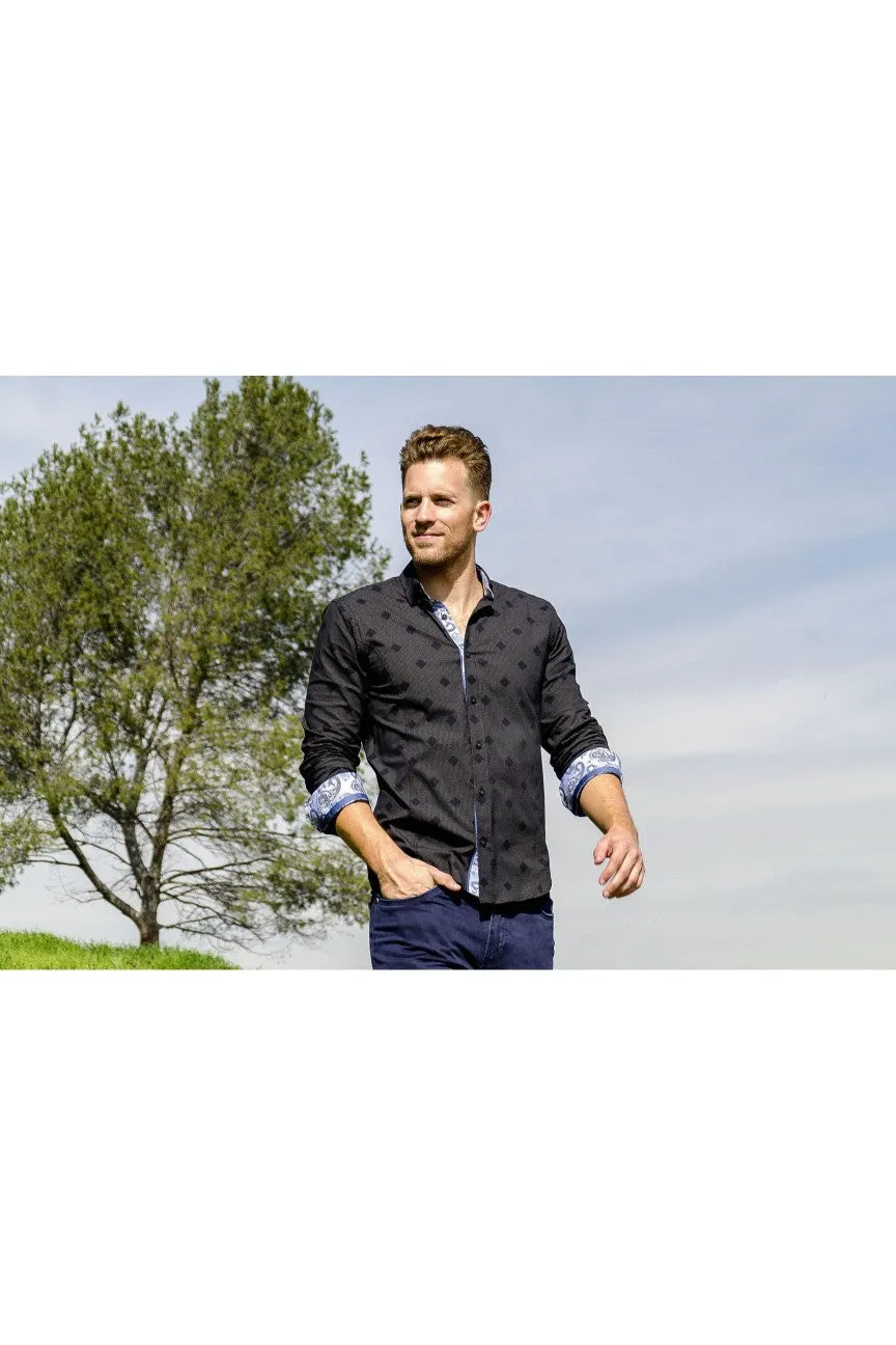 Navy Button Down Shirt W/Paisley Pattern Trim