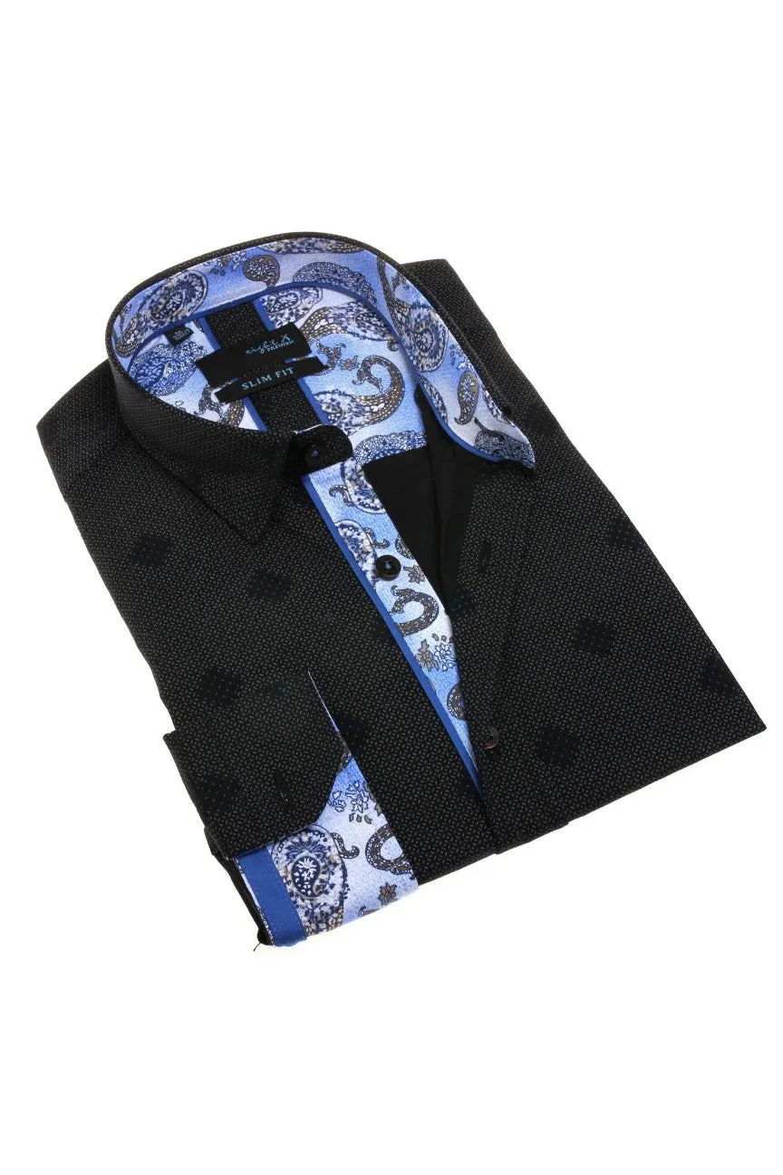 Navy Button Down Shirt W/Paisley Pattern Trim