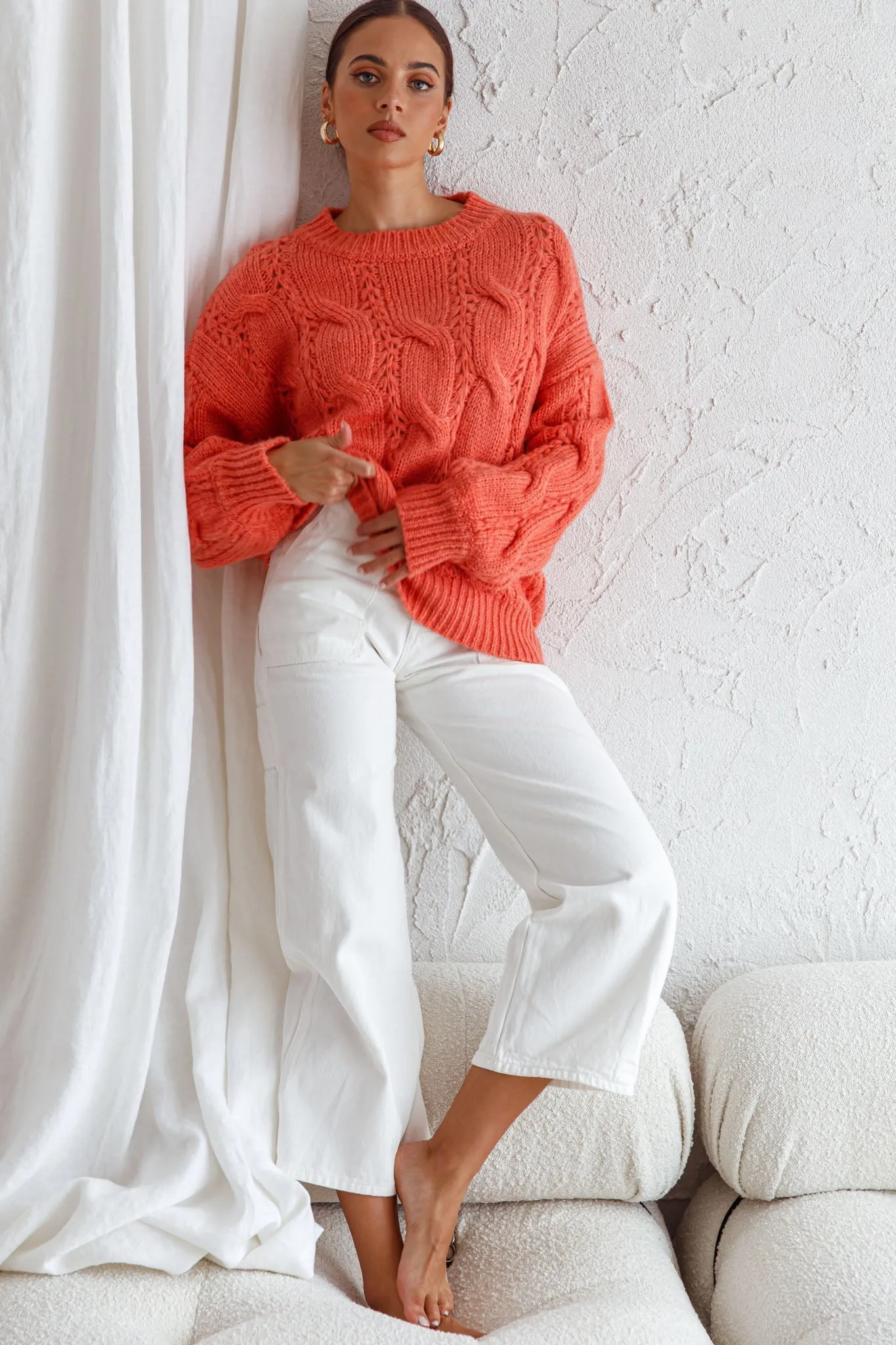 Nicola Long Sleeve Chunky Cable Knit Sweater Peach