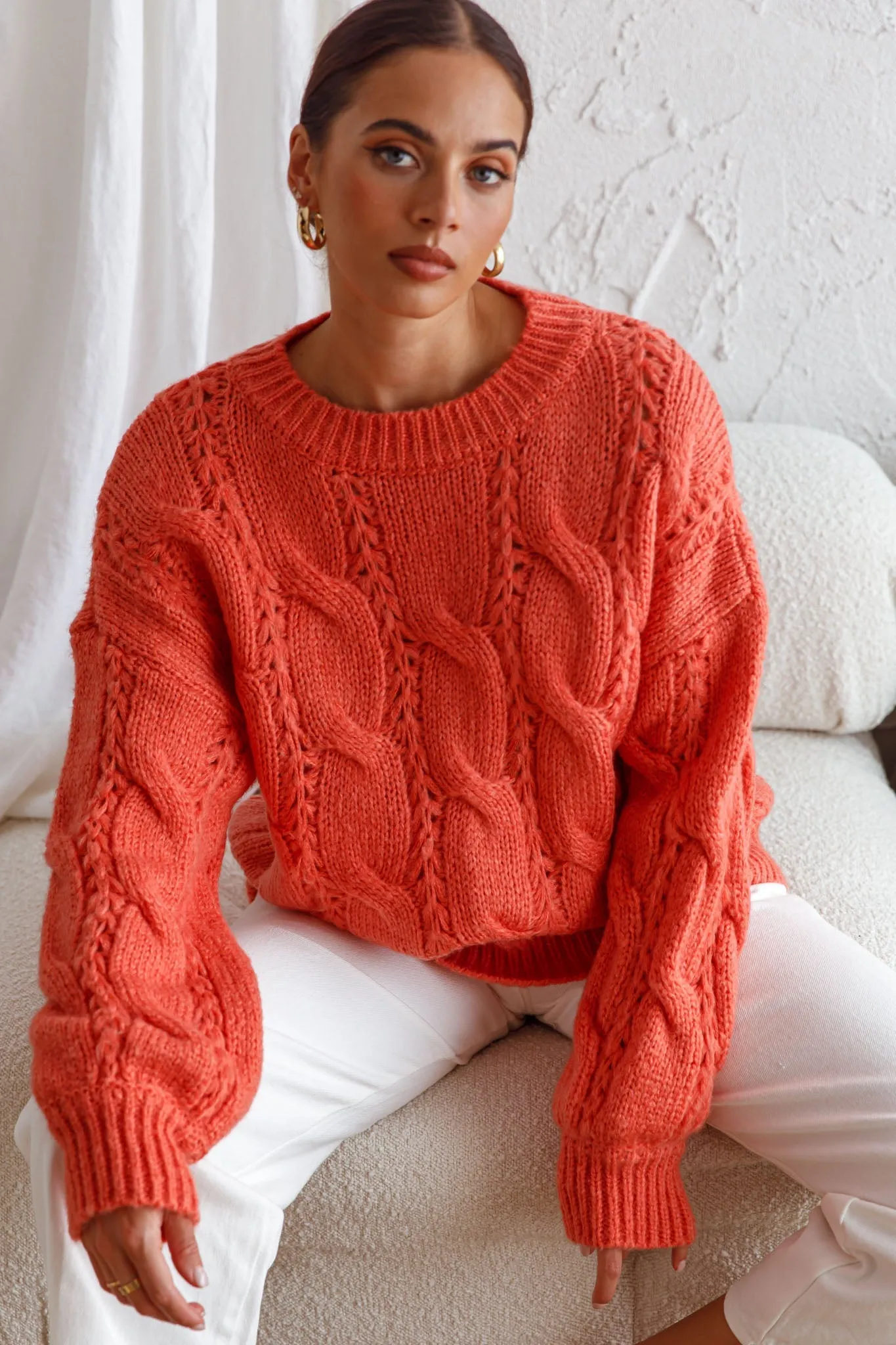 Nicola Long Sleeve Chunky Cable Knit Sweater Peach