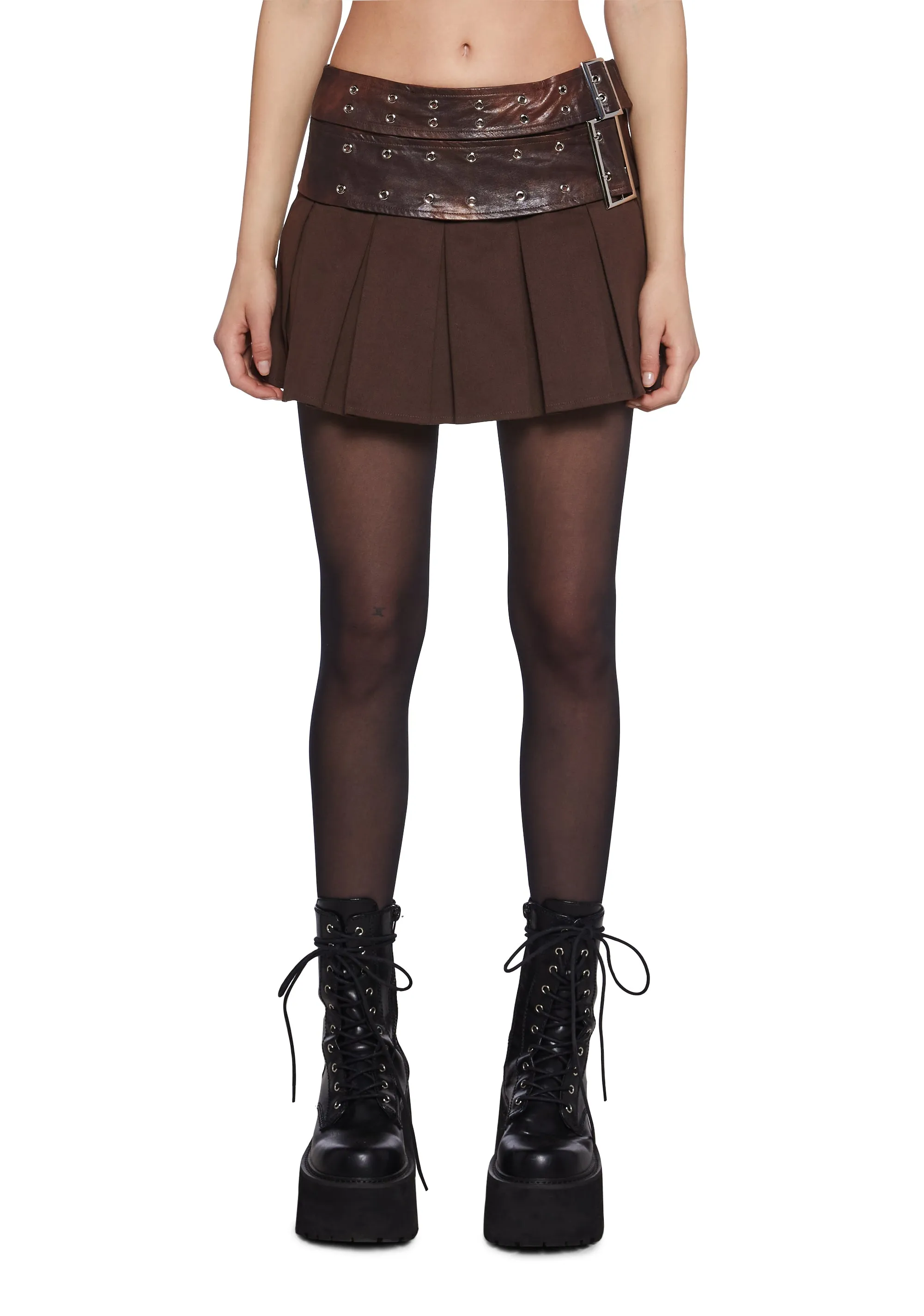 Night Music Double Belted Mini Skirt - Brown