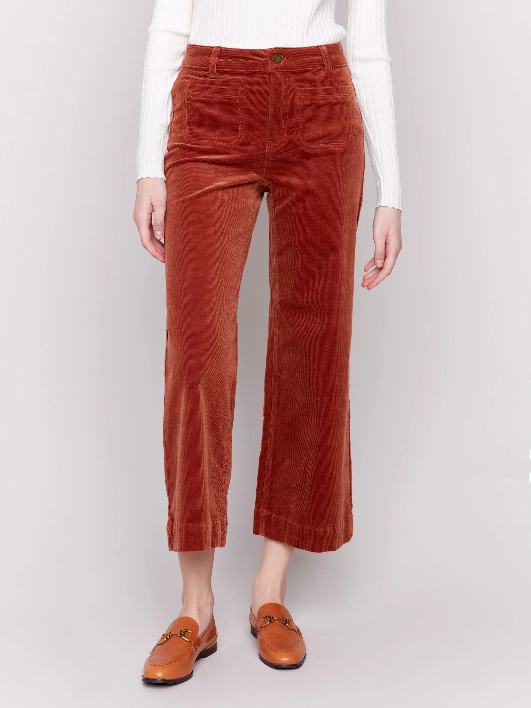 Patch Pocket Corduroy Flare Pants - Terracotta