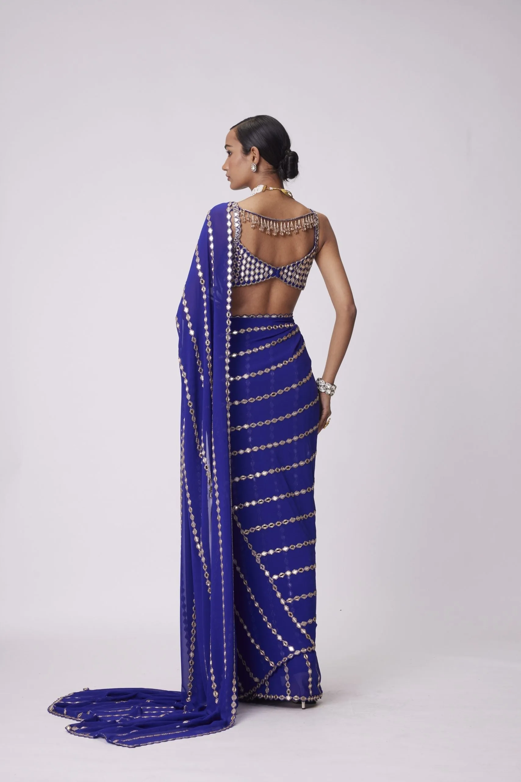 PERSIAN BLUE LINEAR EMBROIDERY GEORGETTE SAREE SET