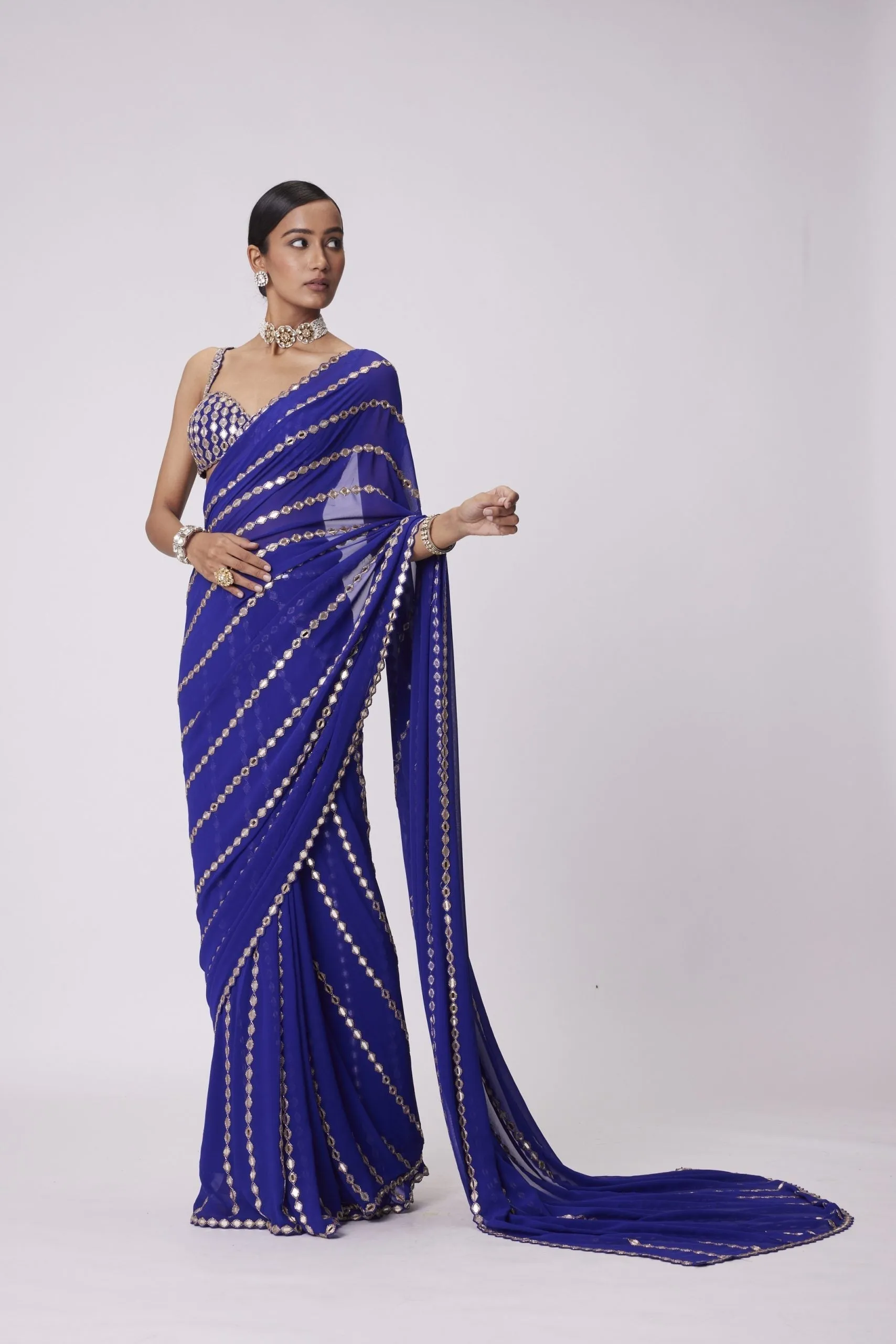 PERSIAN BLUE LINEAR EMBROIDERY GEORGETTE SAREE SET