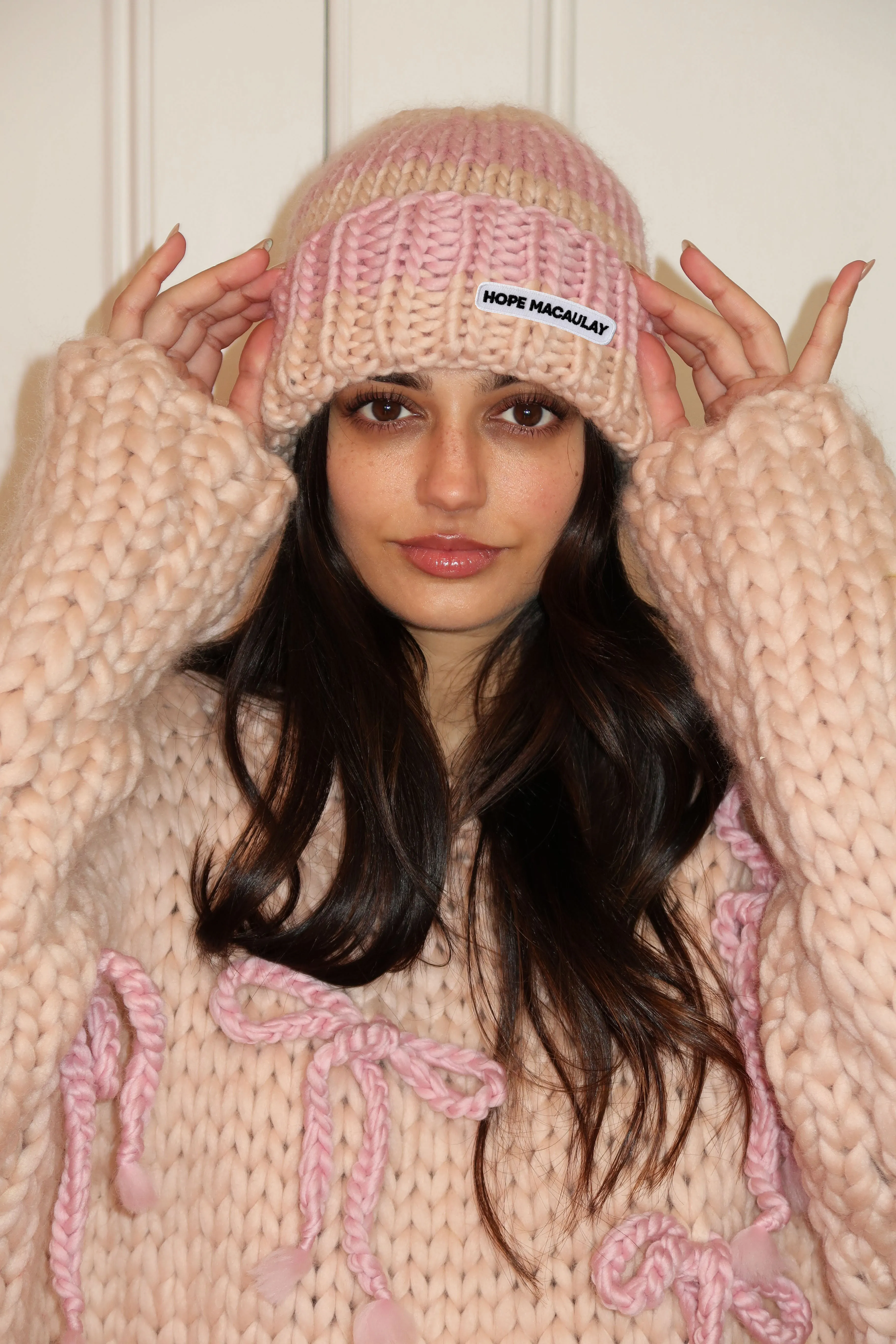 Pink and Cream Chunky Knit Hat