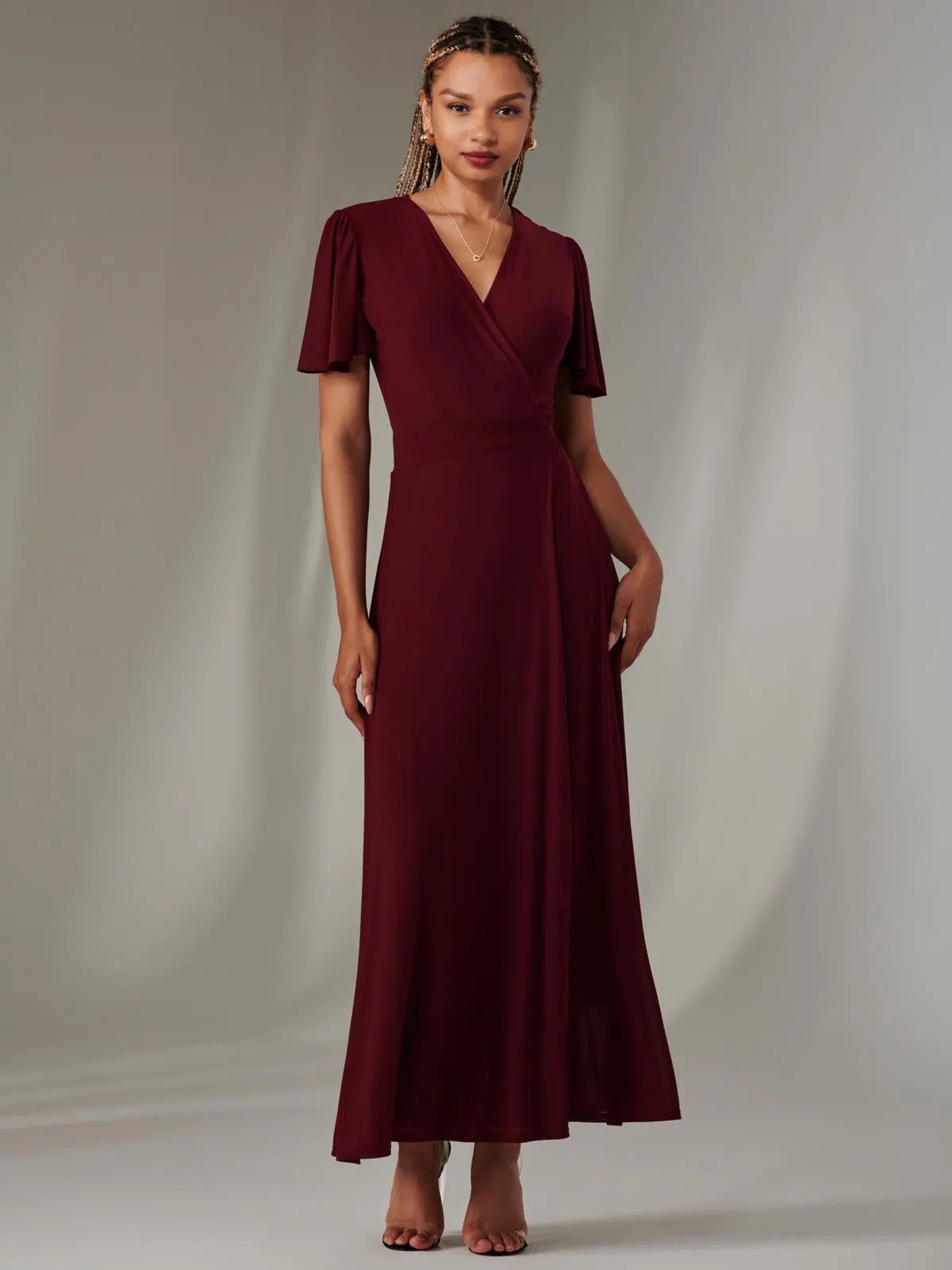 Plain Angel Sleeve Wrapped Maxi Dress, Burgundy