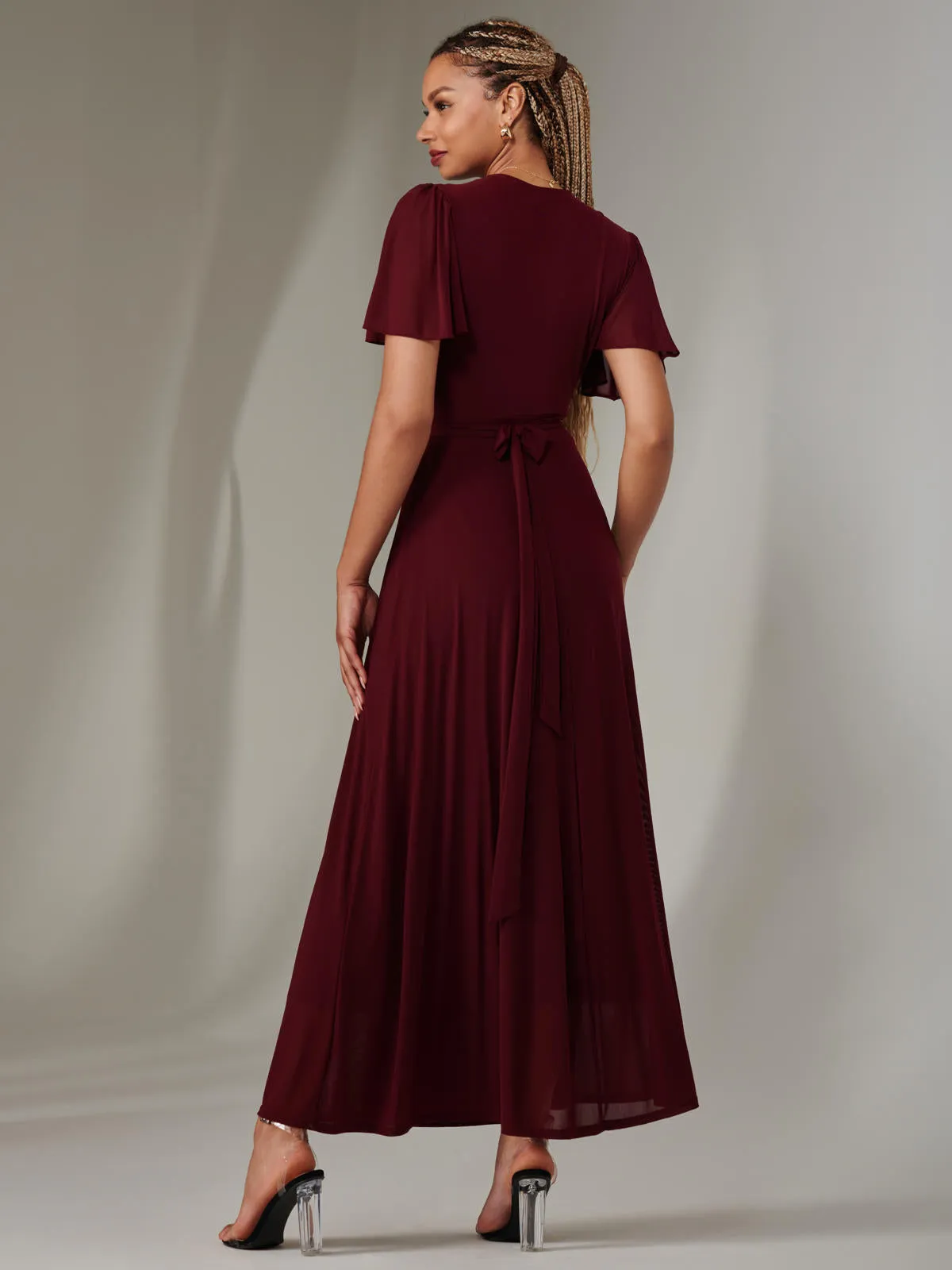 Plain Angel Sleeve Wrapped Maxi Dress, Burgundy