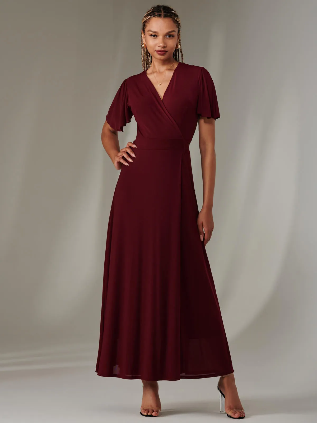 Plain Angel Sleeve Wrapped Maxi Dress, Burgundy