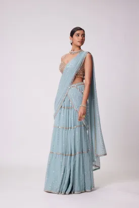 POWDER BLUE MULTI TIER SAREE SET