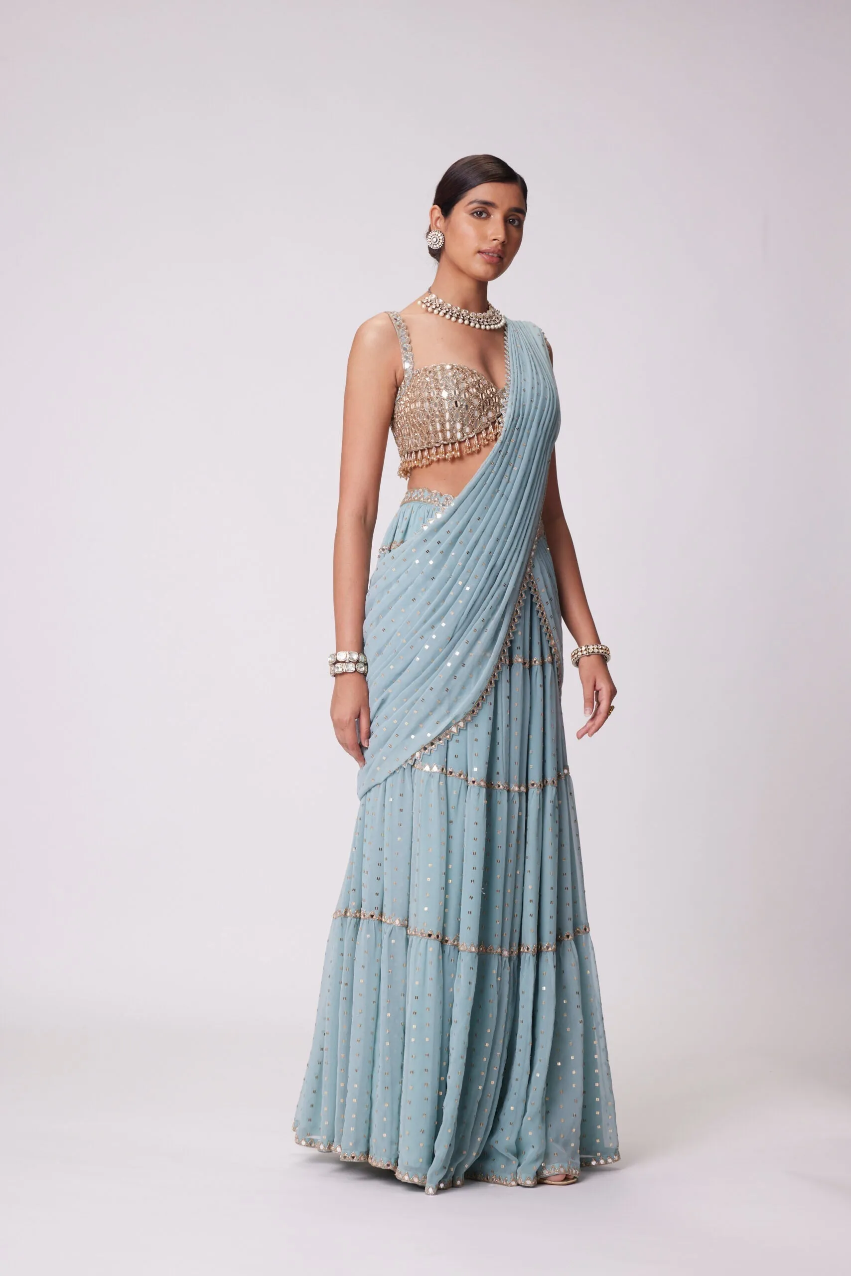 POWDER BLUE MULTI TIER SAREE SET