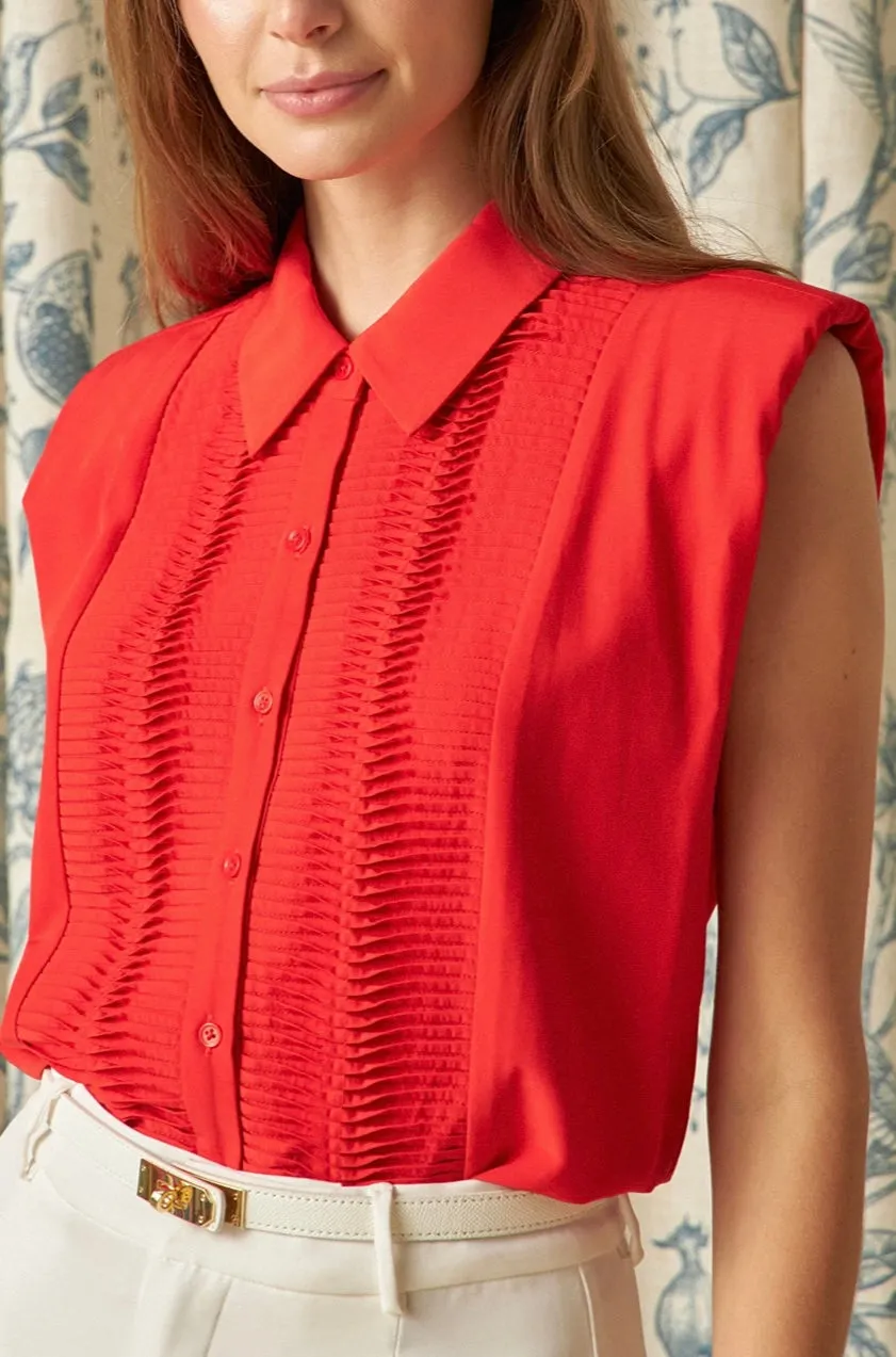 Red Sleeveless Button Front Blouse with Pintuck Details