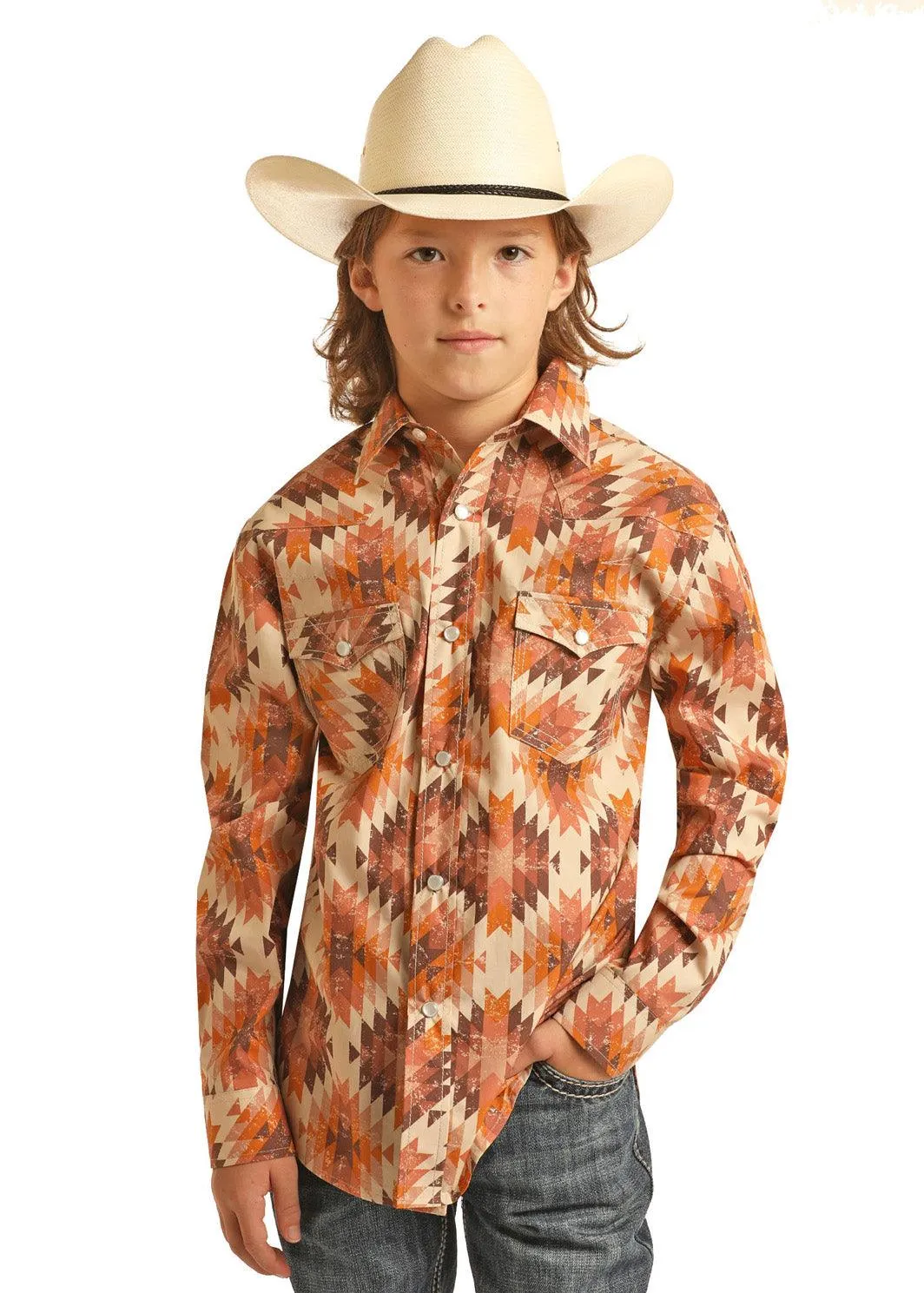 Rock & Roll Cowboy Boy's Aztec Tan & Brown Snap Long Sleeve Western Shirt B8S3301