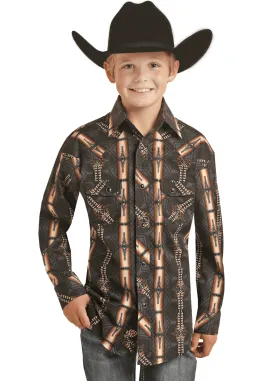 Rock & Roll Cowboy Boy's Chocolate Aztec Long Sleeve Snap Up Western Shirt RRBSOSRZ0V