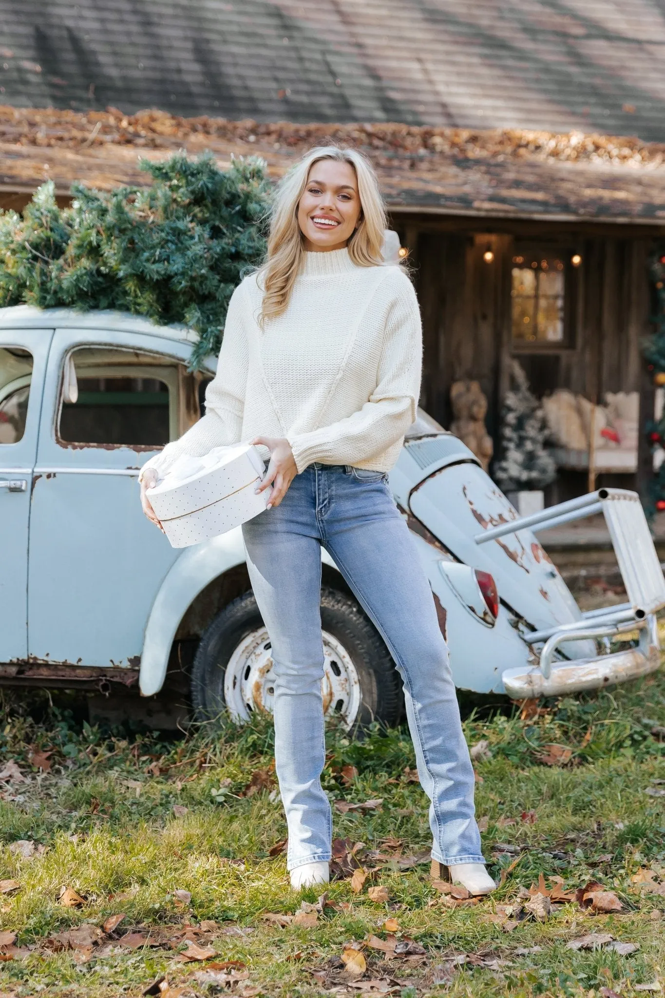 Seam Detail Mock Neck Sweater - Cream