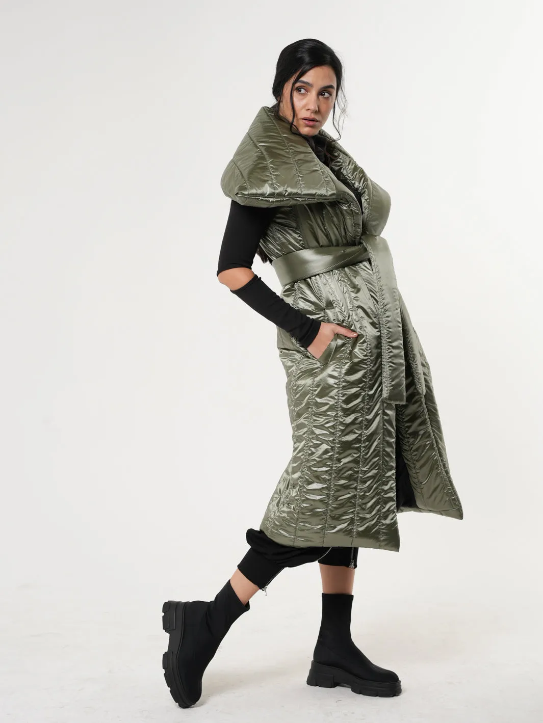 Shiny Green Long Puffer Vest