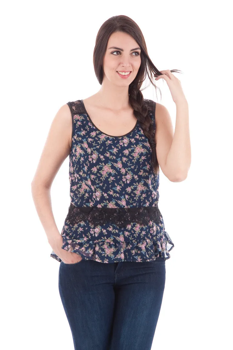 Sleeveless Floral Blouse with Frill and Lace Detail