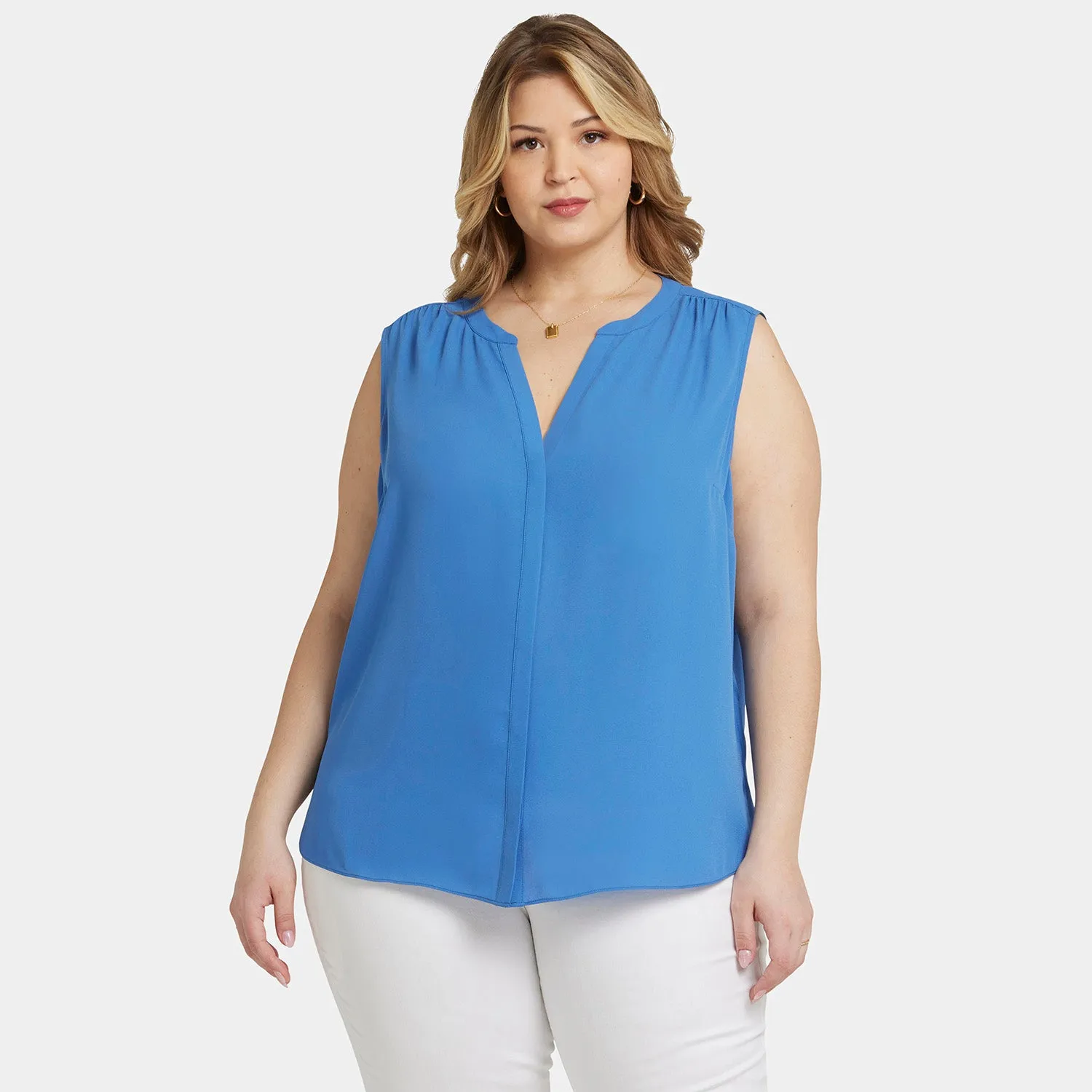 Sleeveless Pintuck Blouse In Plus Size - Greek Sea