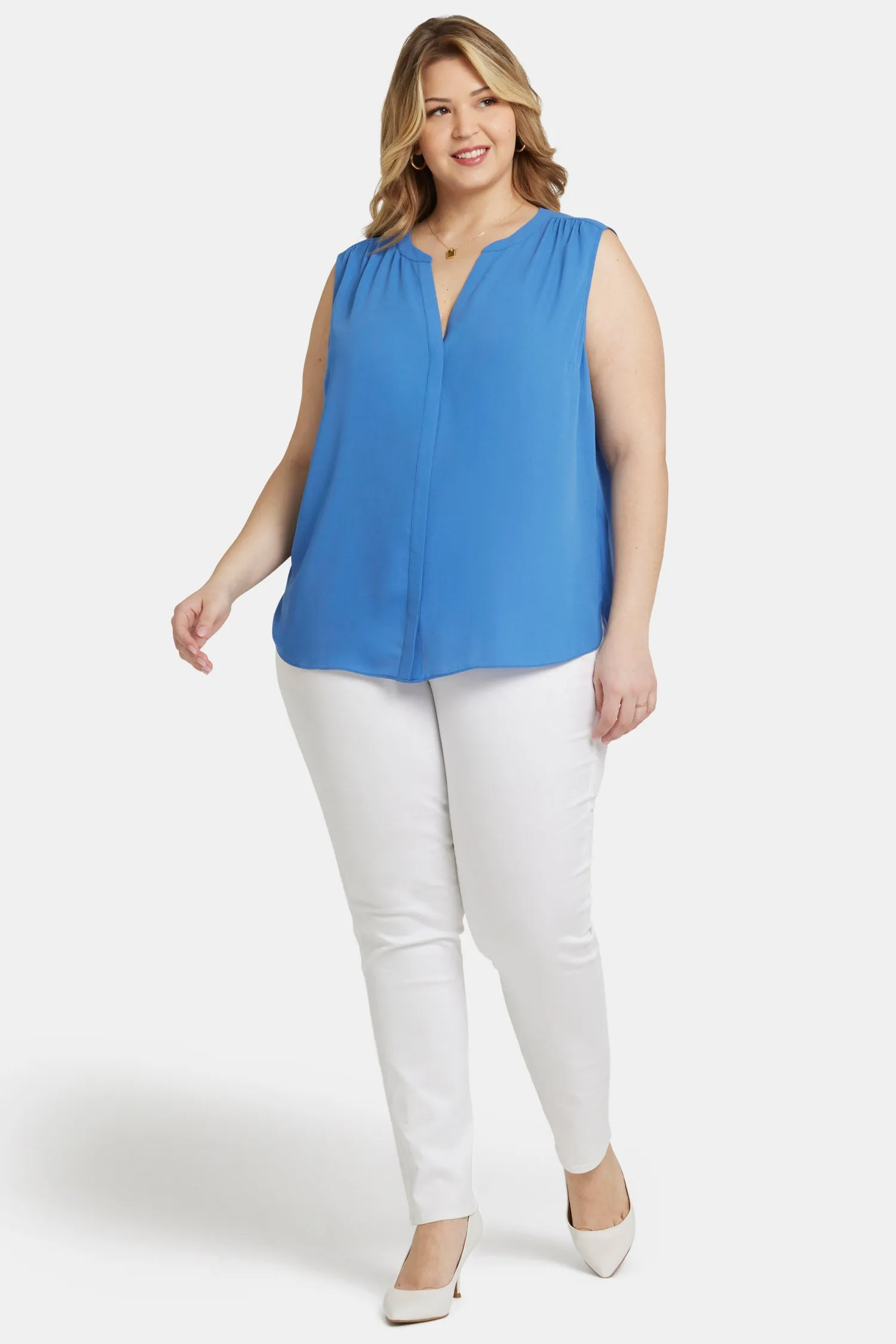 Sleeveless Pintuck Blouse In Plus Size - Greek Sea