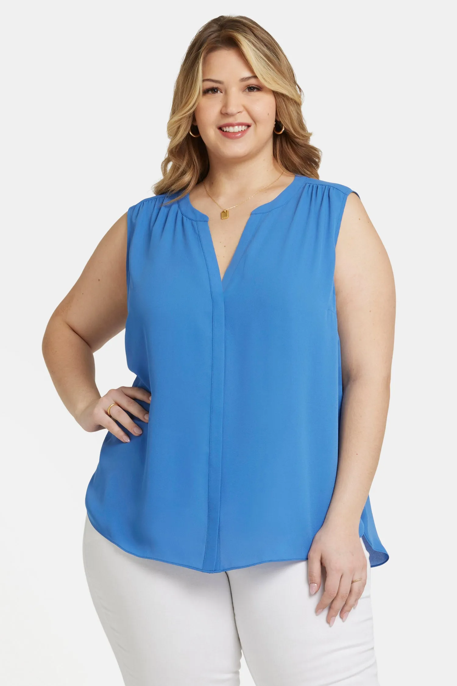 Sleeveless Pintuck Blouse In Plus Size - Greek Sea