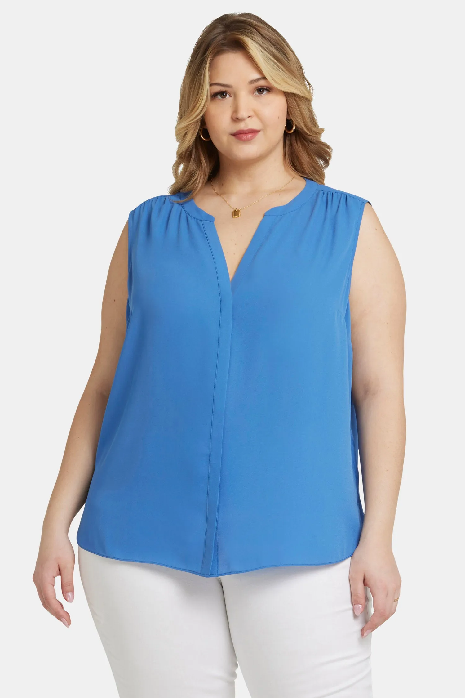 Sleeveless Pintuck Blouse In Plus Size - Greek Sea