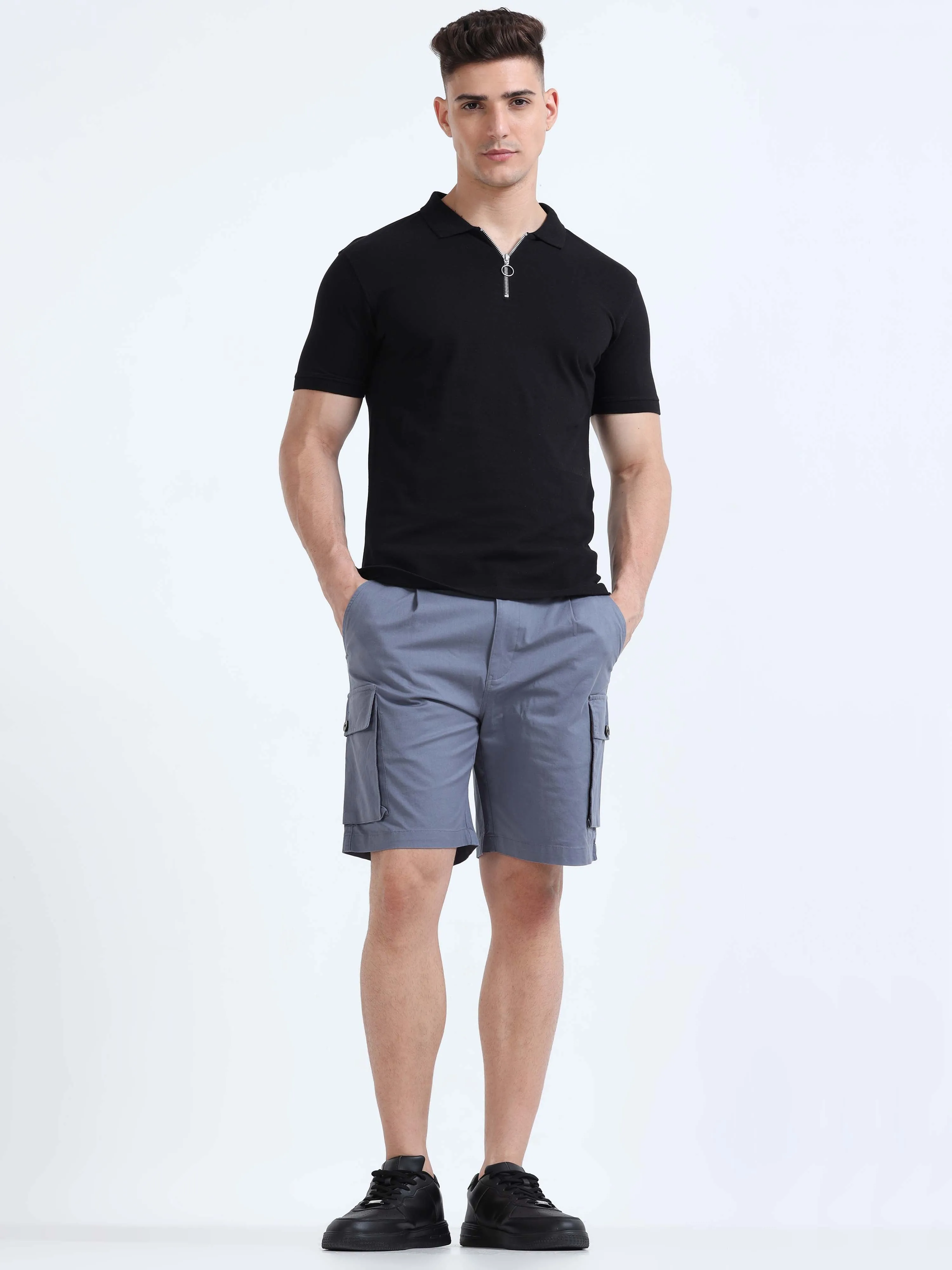 Soft Cotton Pleated Stone Blue Cargo Shorts