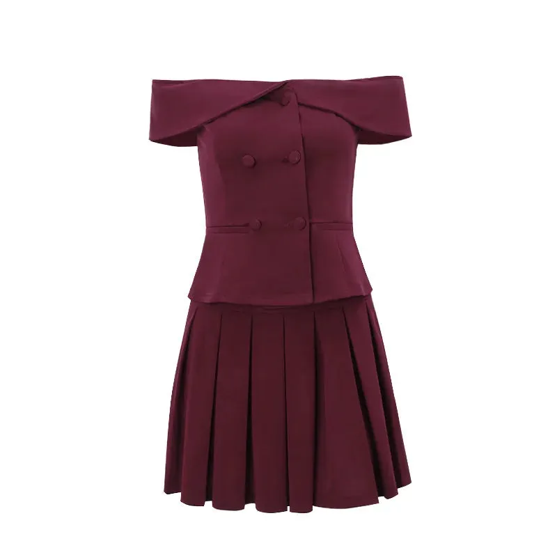 Solid Off-Shoulder Buttoned Top Graceful And Pleated Mini Skirt Set