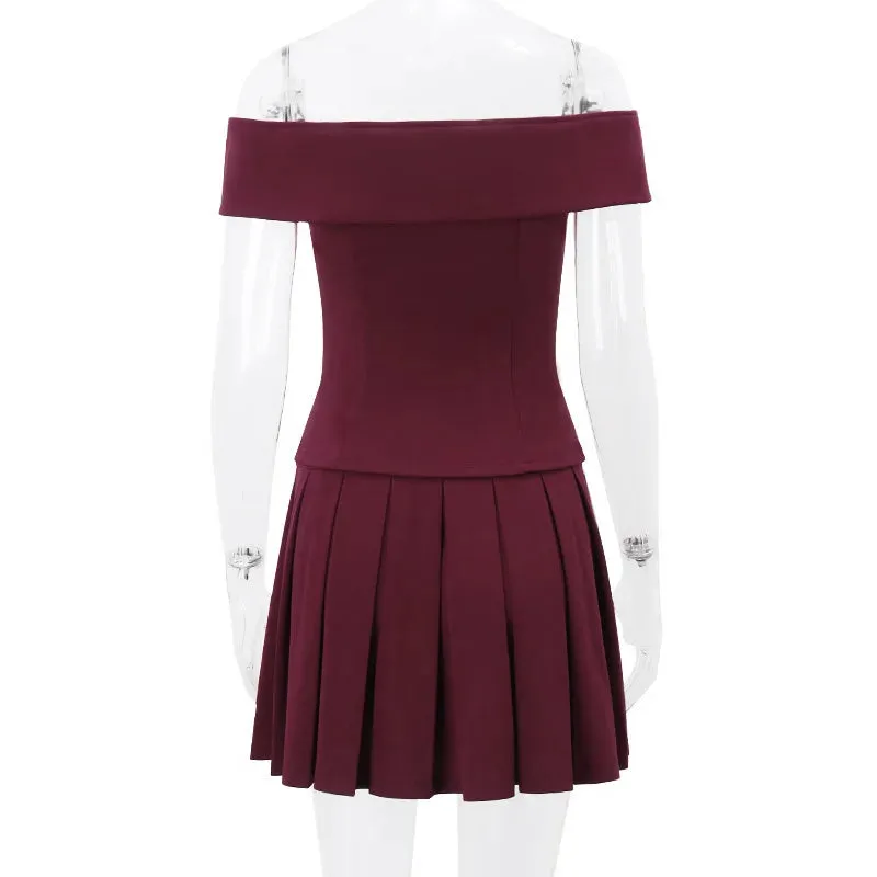 Solid Off-Shoulder Buttoned Top Graceful And Pleated Mini Skirt Set