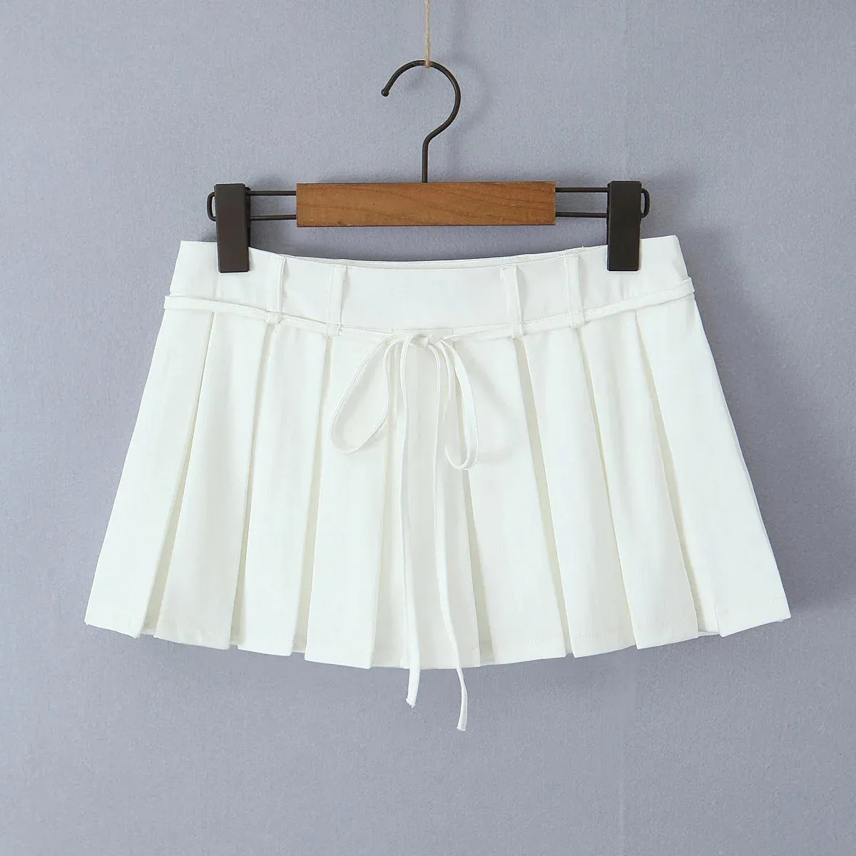 Solid Pleated Drawstring Charming Low Waist Mini Skirt