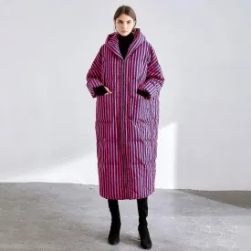 Striped Hooded Down Feather Puffer Midi Long Coat