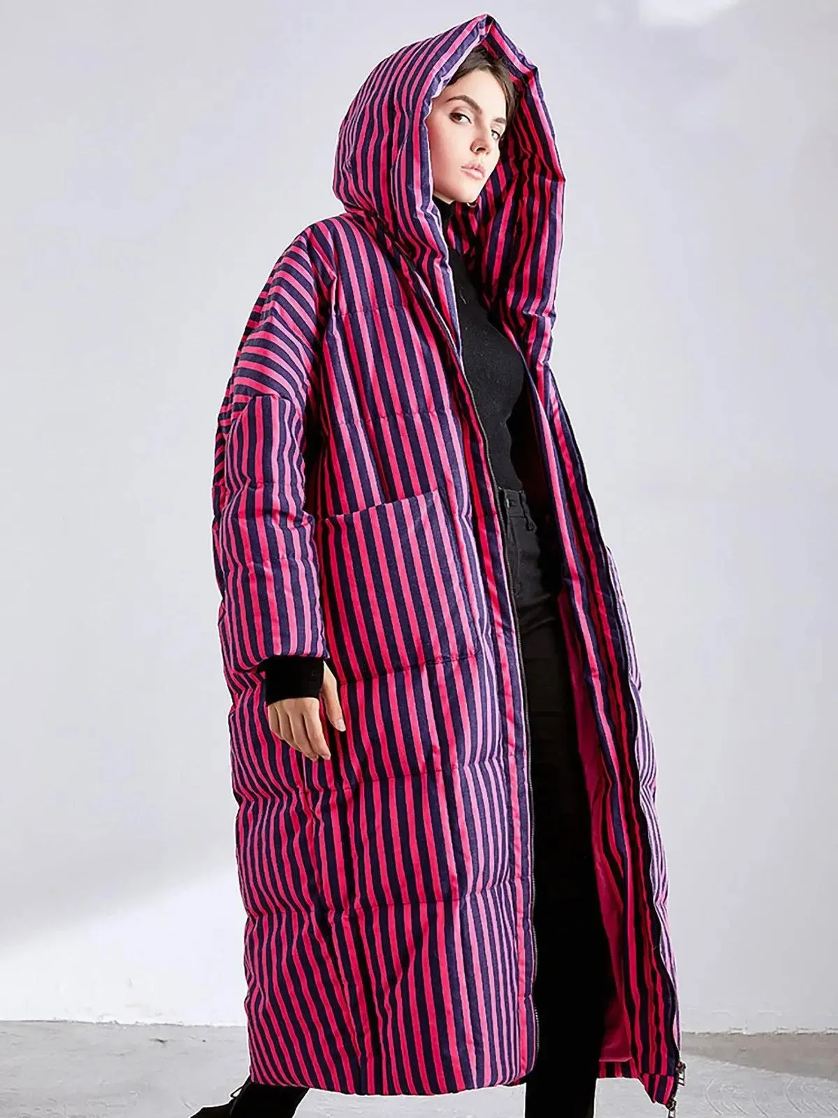 Striped Hooded Down Feather Puffer Midi Long Coat