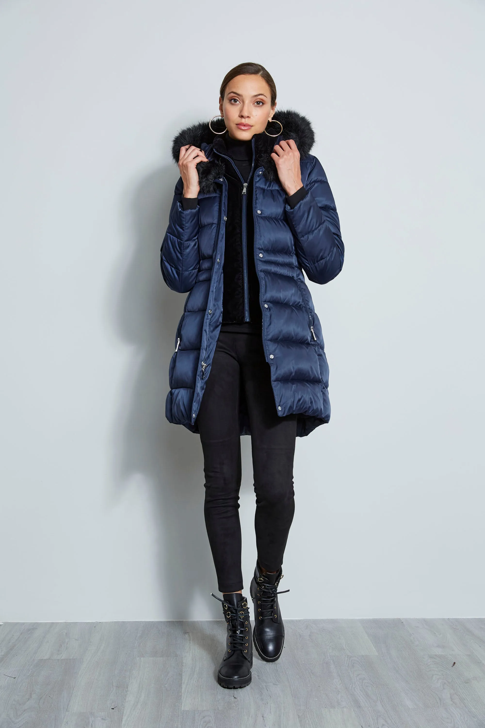 Tahari Stitched Faux Fur Hood Puffer Coat