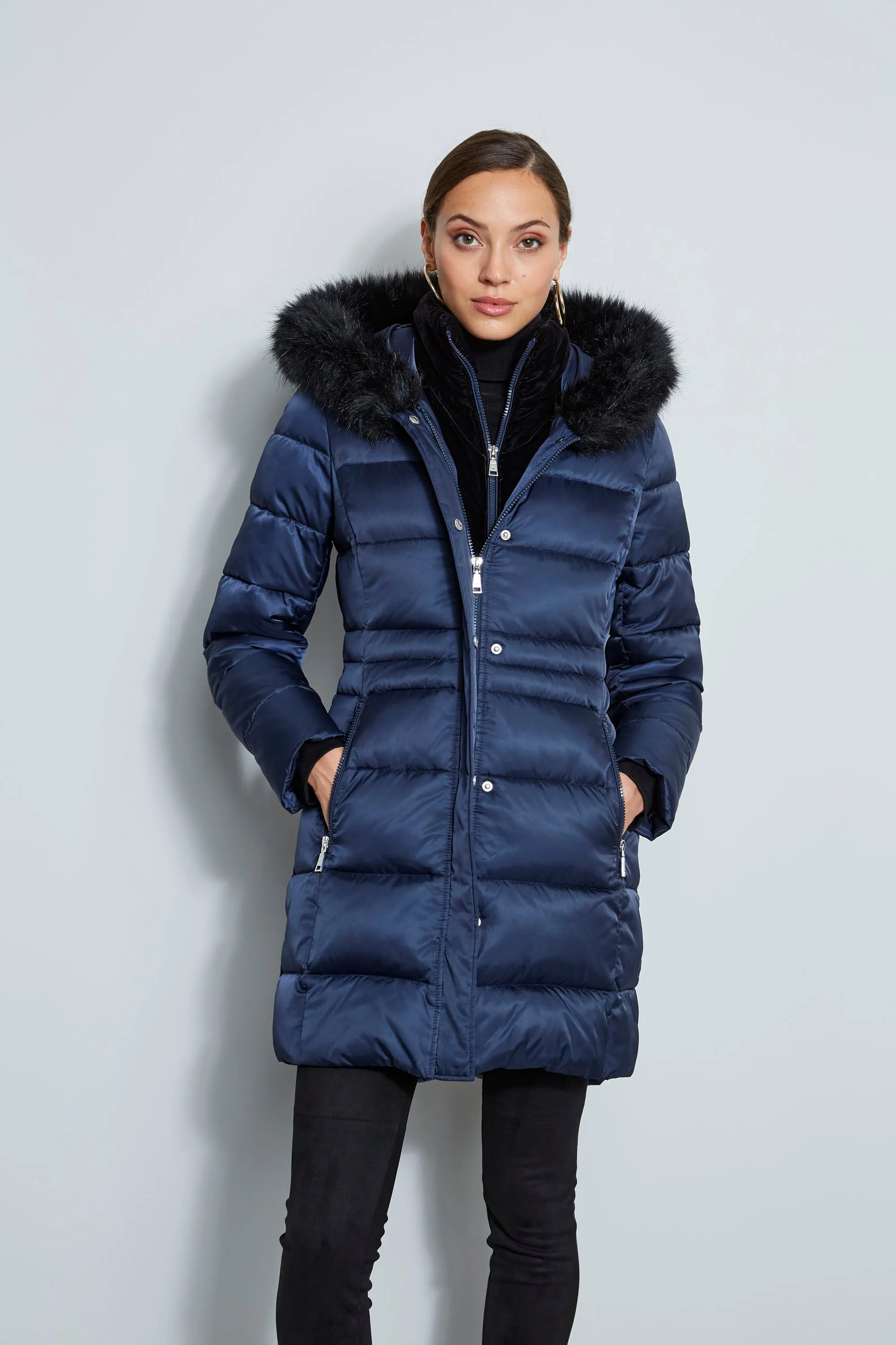 Tahari Stitched Faux Fur Hood Puffer Coat