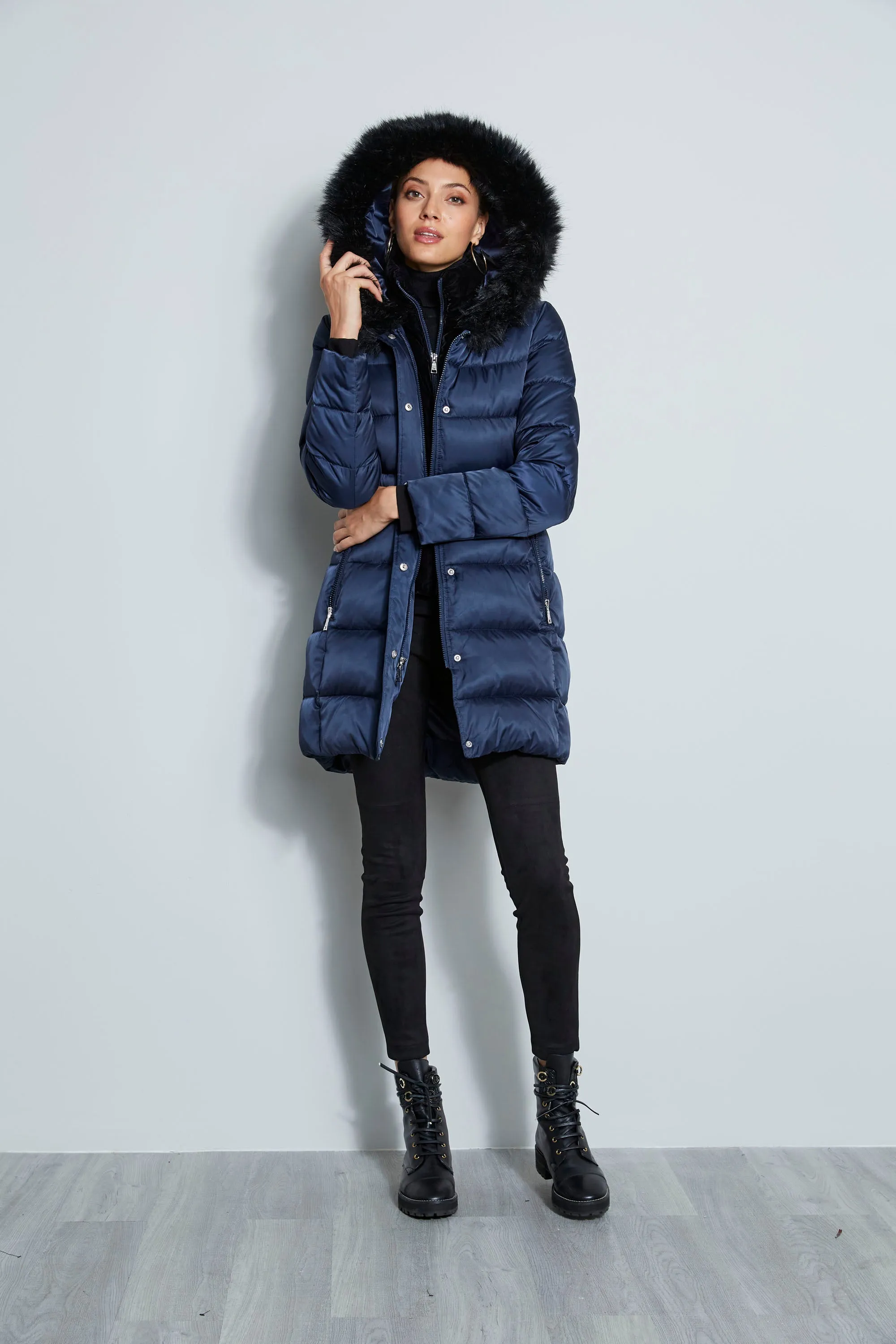 Tahari Stitched Faux Fur Hood Puffer Coat