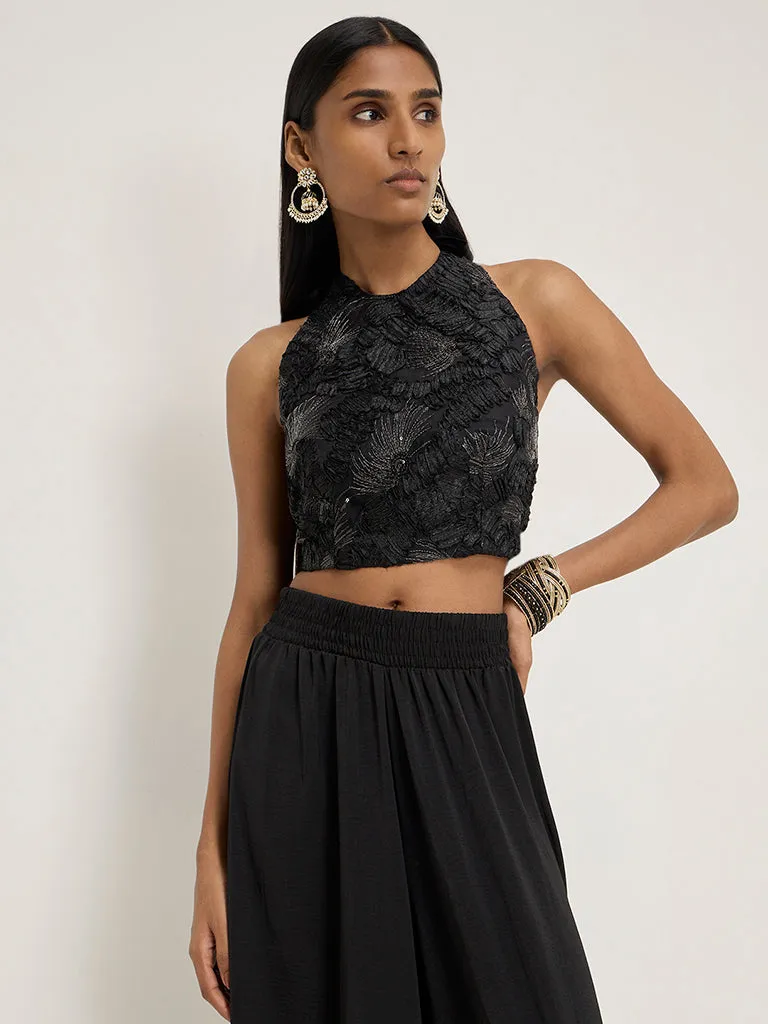 Vark Black Floral Embellished Halter Neck Top