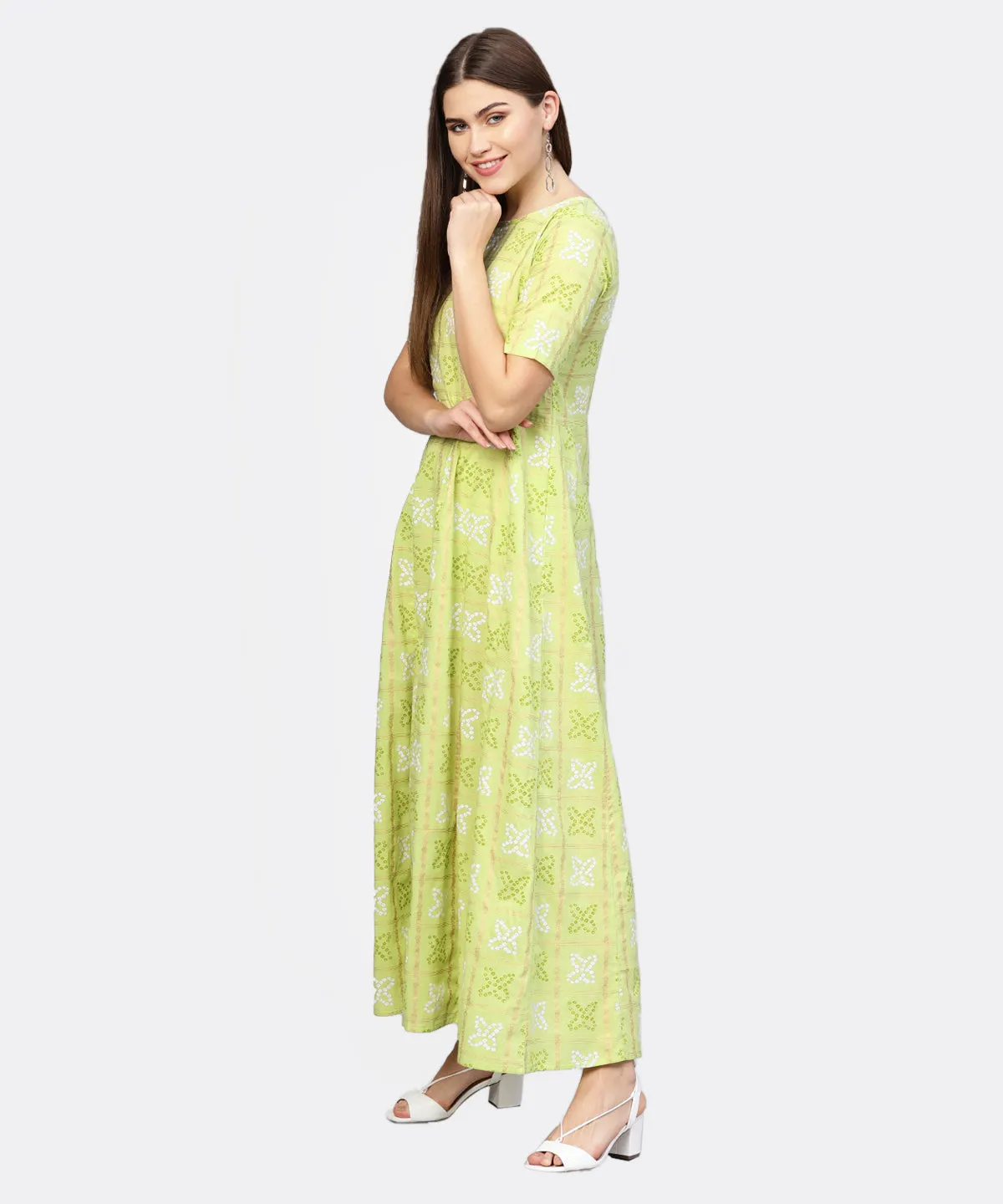 Women Green & Off-White Bandhani Printed Maxi Dress