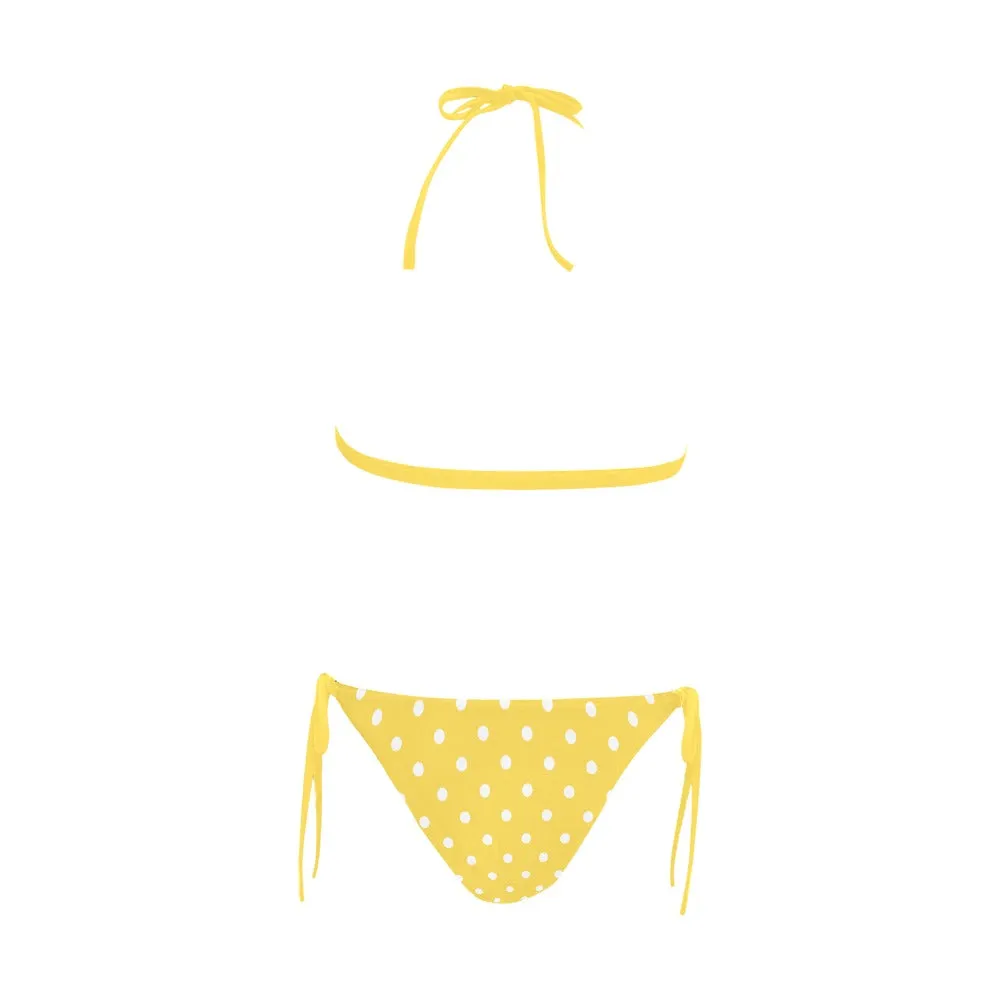 Yellow Polka Dots High Waisted Bikini Set, Women Front Buckle Bottom Bathing Suit Triangle Padded Top Halter Plus Size Swimsuit Swimwear