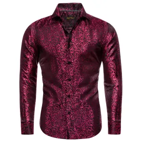 YourTies Deep Carmine Black Shirt Floral Jacquard Windsor Collar Top