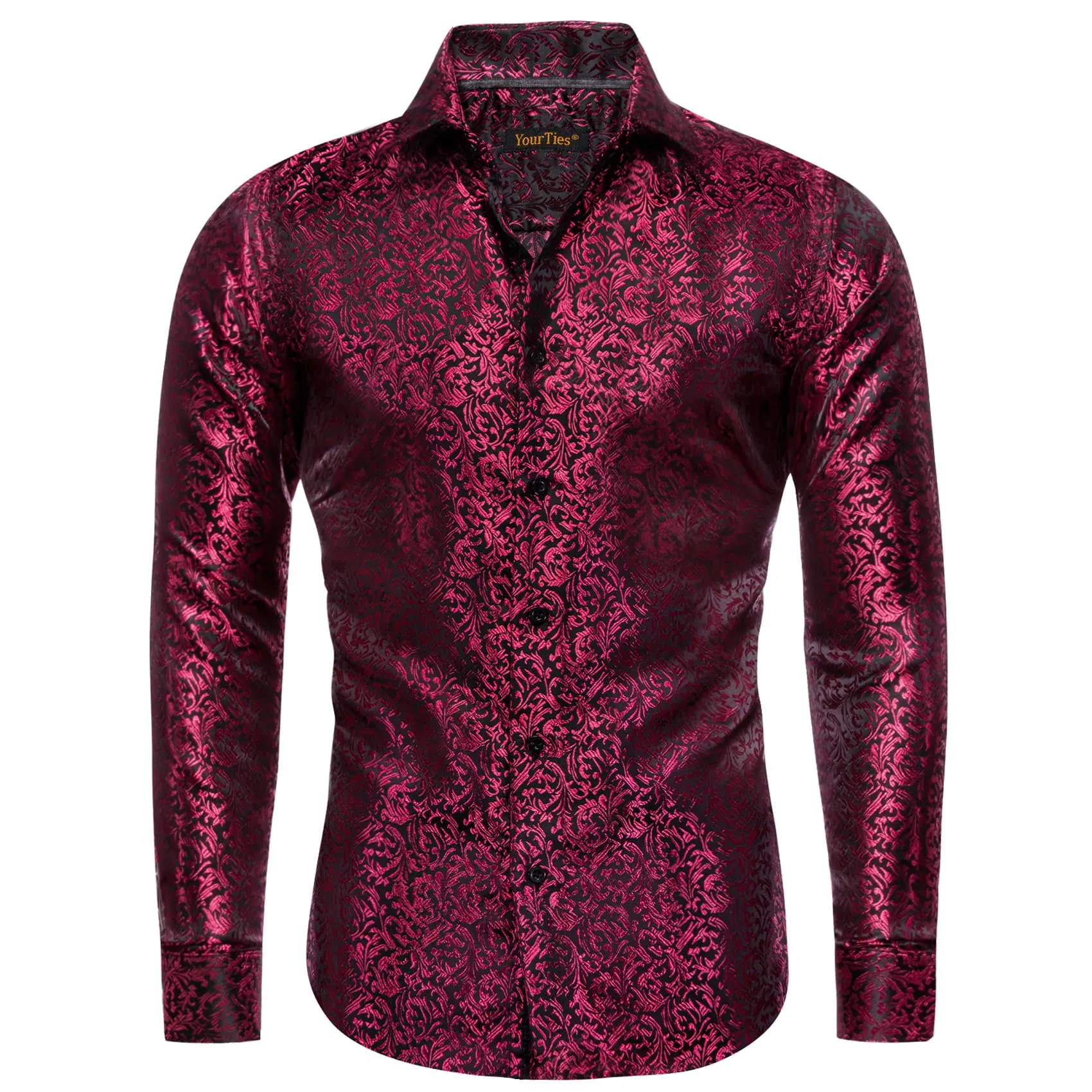 YourTies Deep Carmine Black Shirt Floral Jacquard Windsor Collar Top