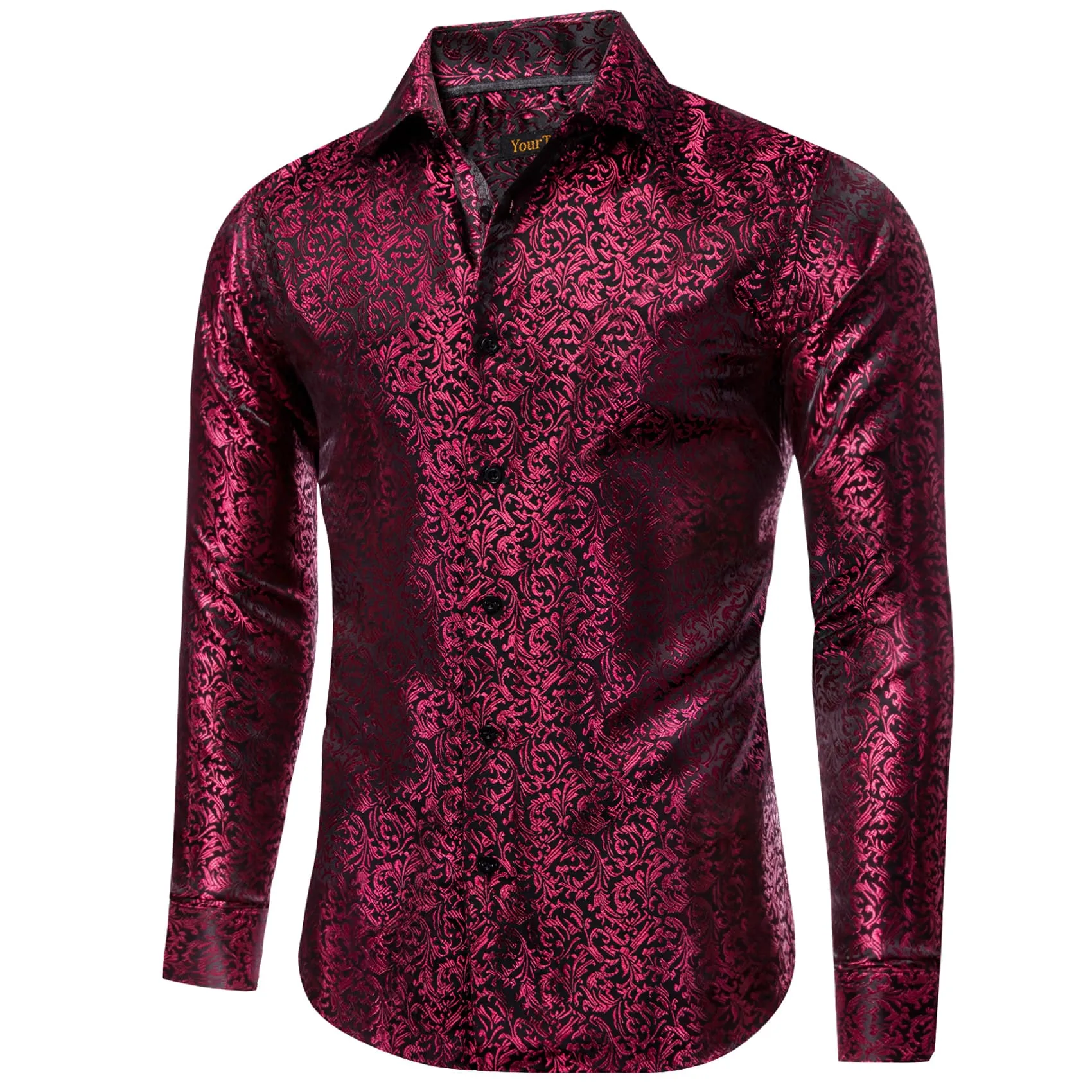 YourTies Deep Carmine Black Shirt Floral Jacquard Windsor Collar Top