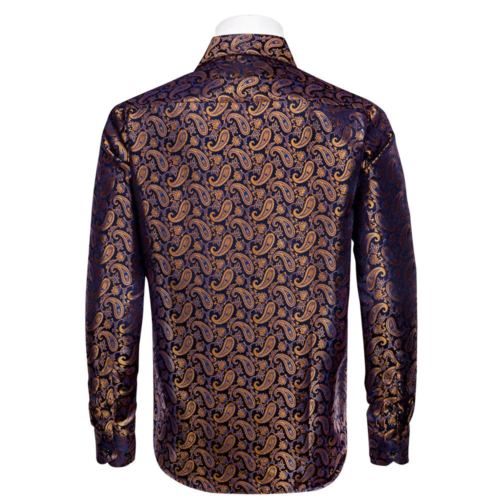 YourTies Men's Brown Blue Paisley Silk Long Sleeve Button Down Shirt