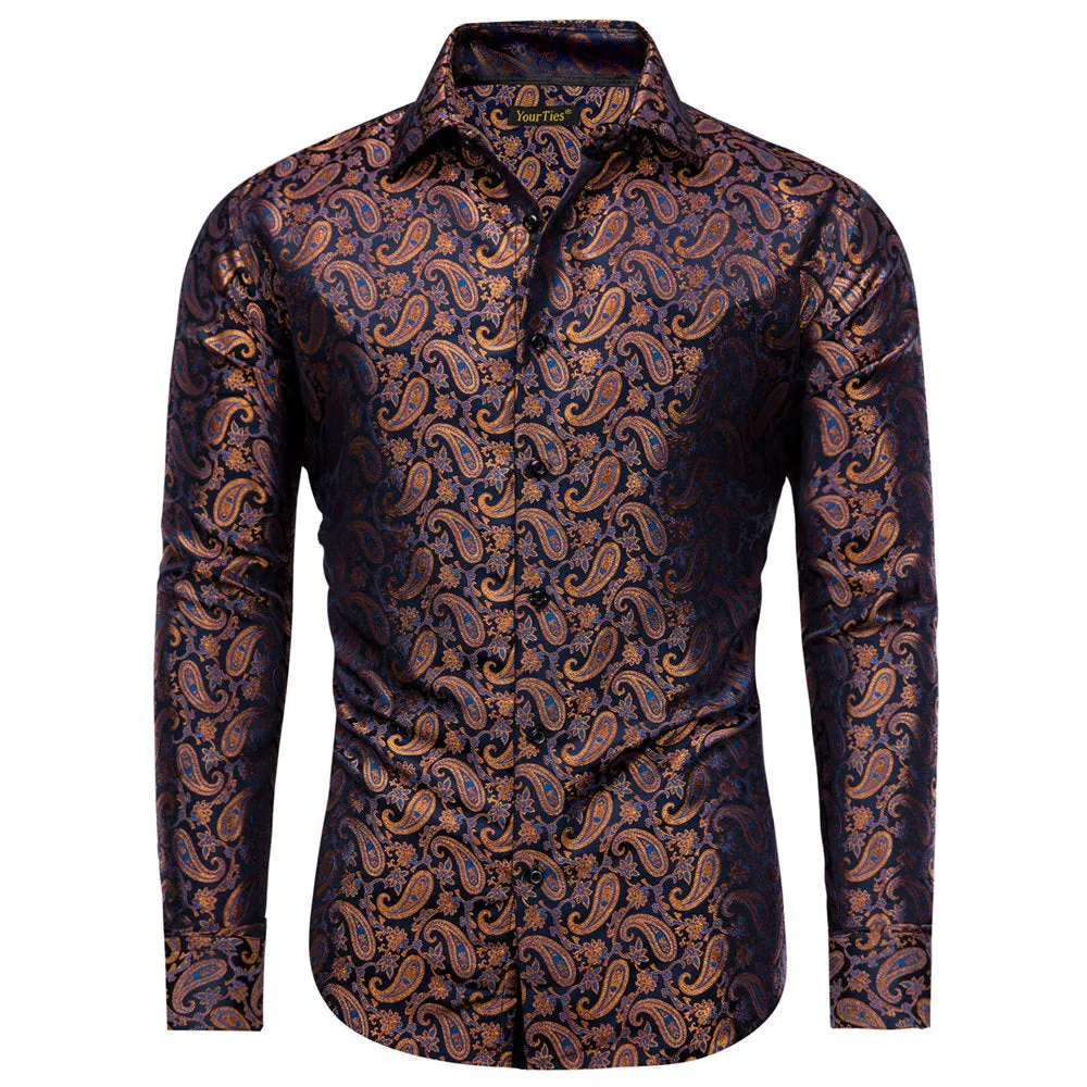 YourTies Men's Brown Blue Paisley Silk Long Sleeve Button Down Shirt